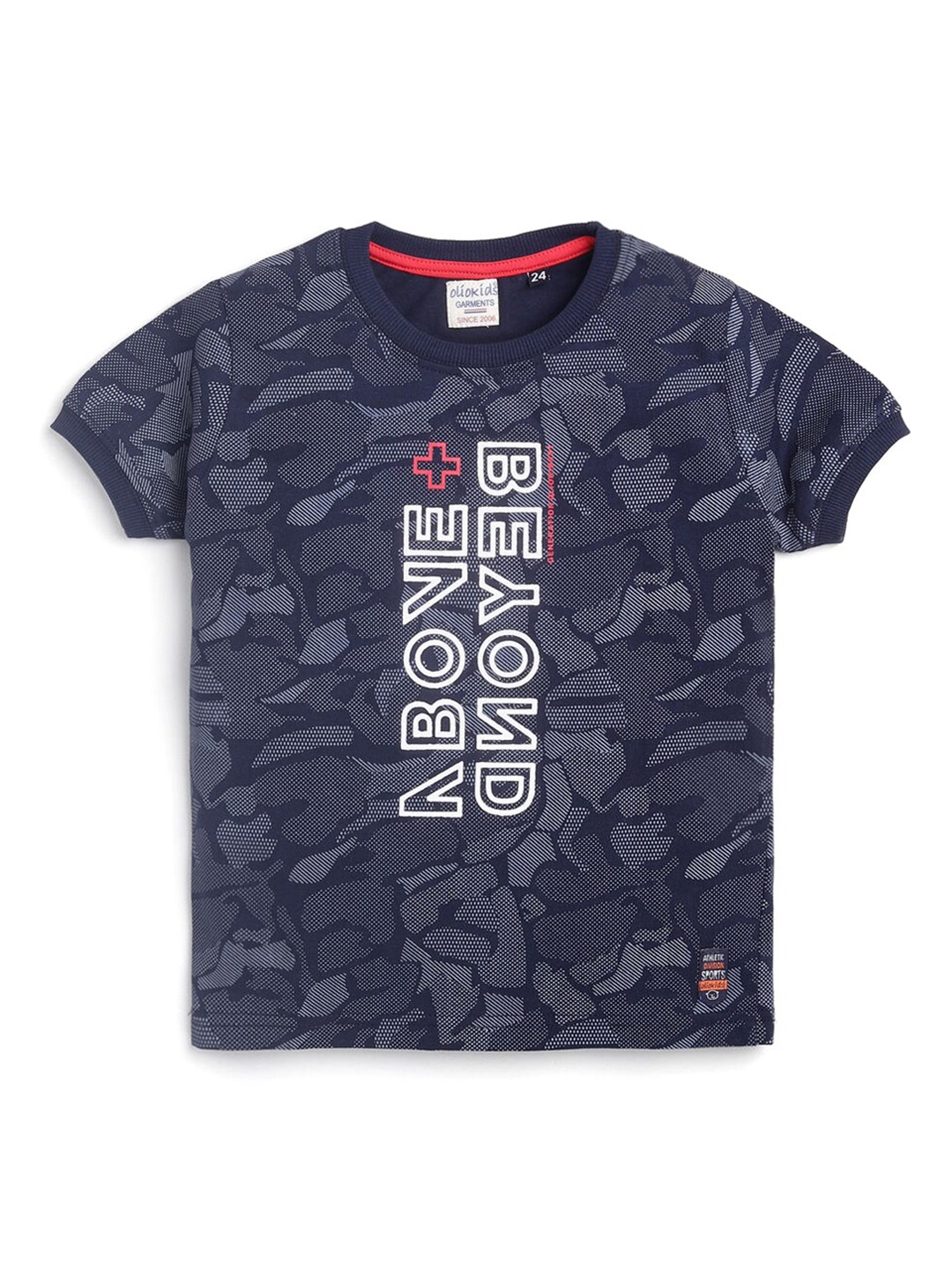 

Hopscotch Boys Navy Blue Typography Printed Relaxed Fit T-shirt