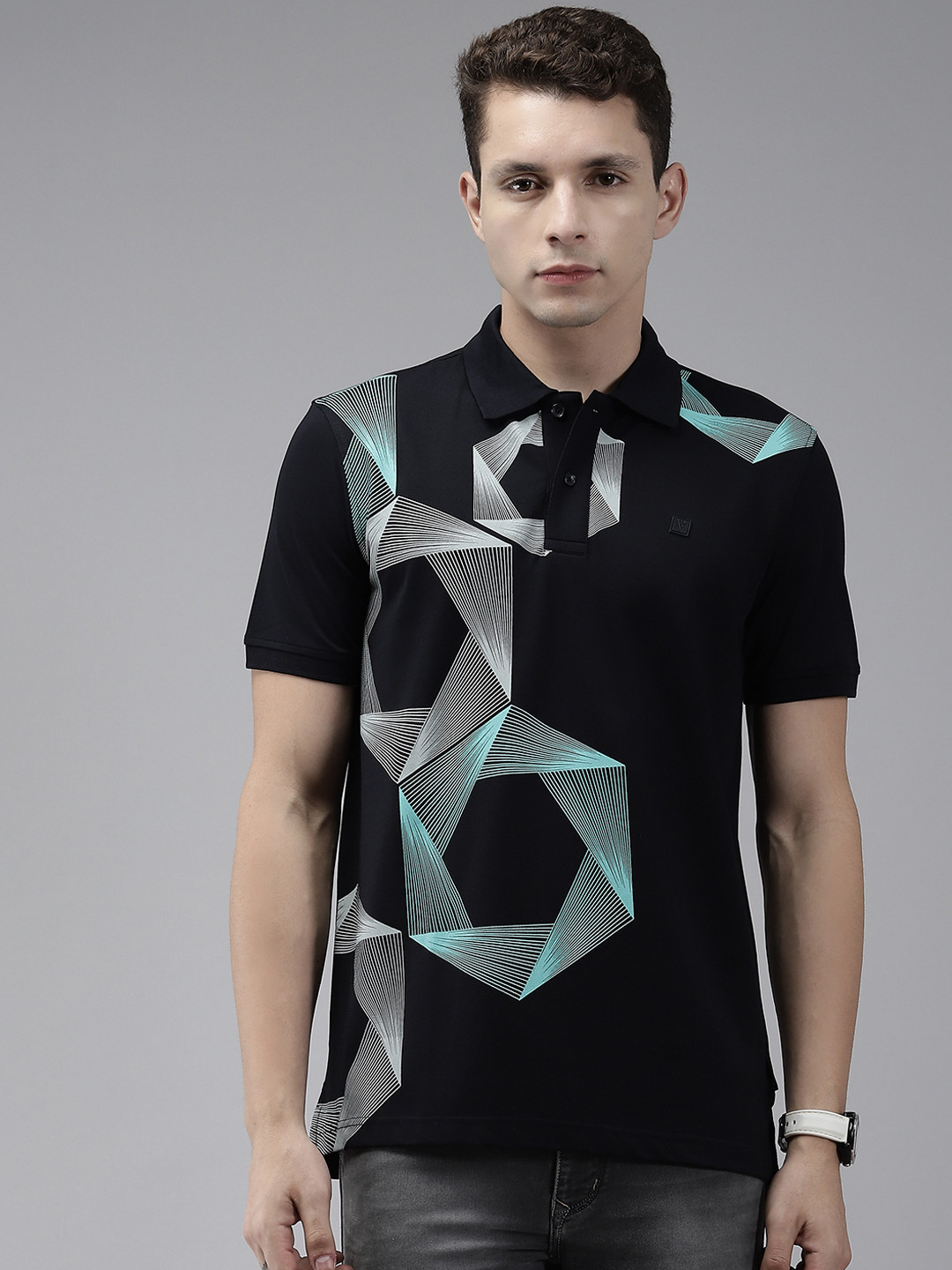 

Van Heusen Sport Men Black & White Geometric Print Polo Collar T-shirt