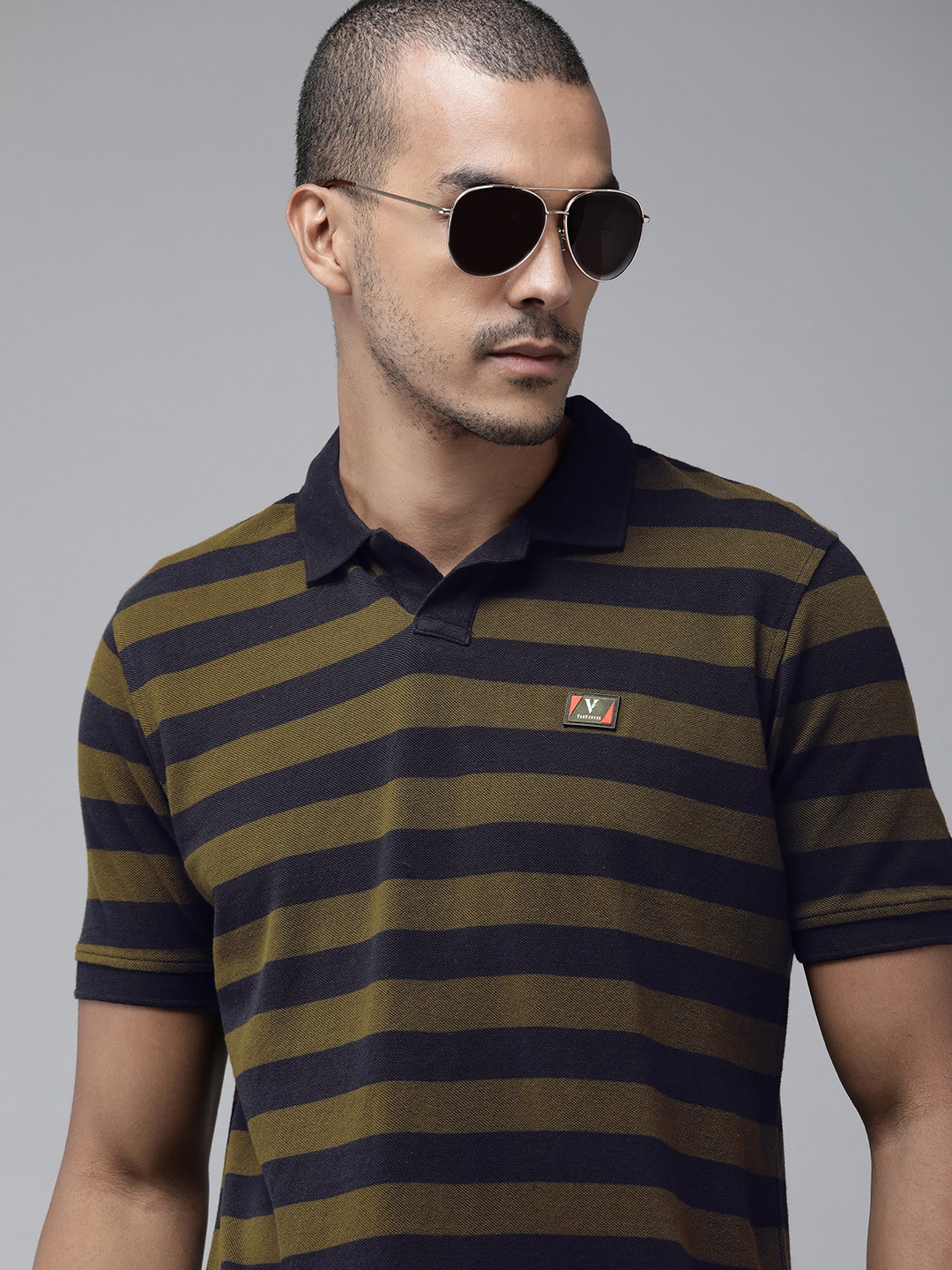 

Van Heusen Sport Men Olive Green & Navy Blue Striped Polo Collar Pure Cotton T-shirt