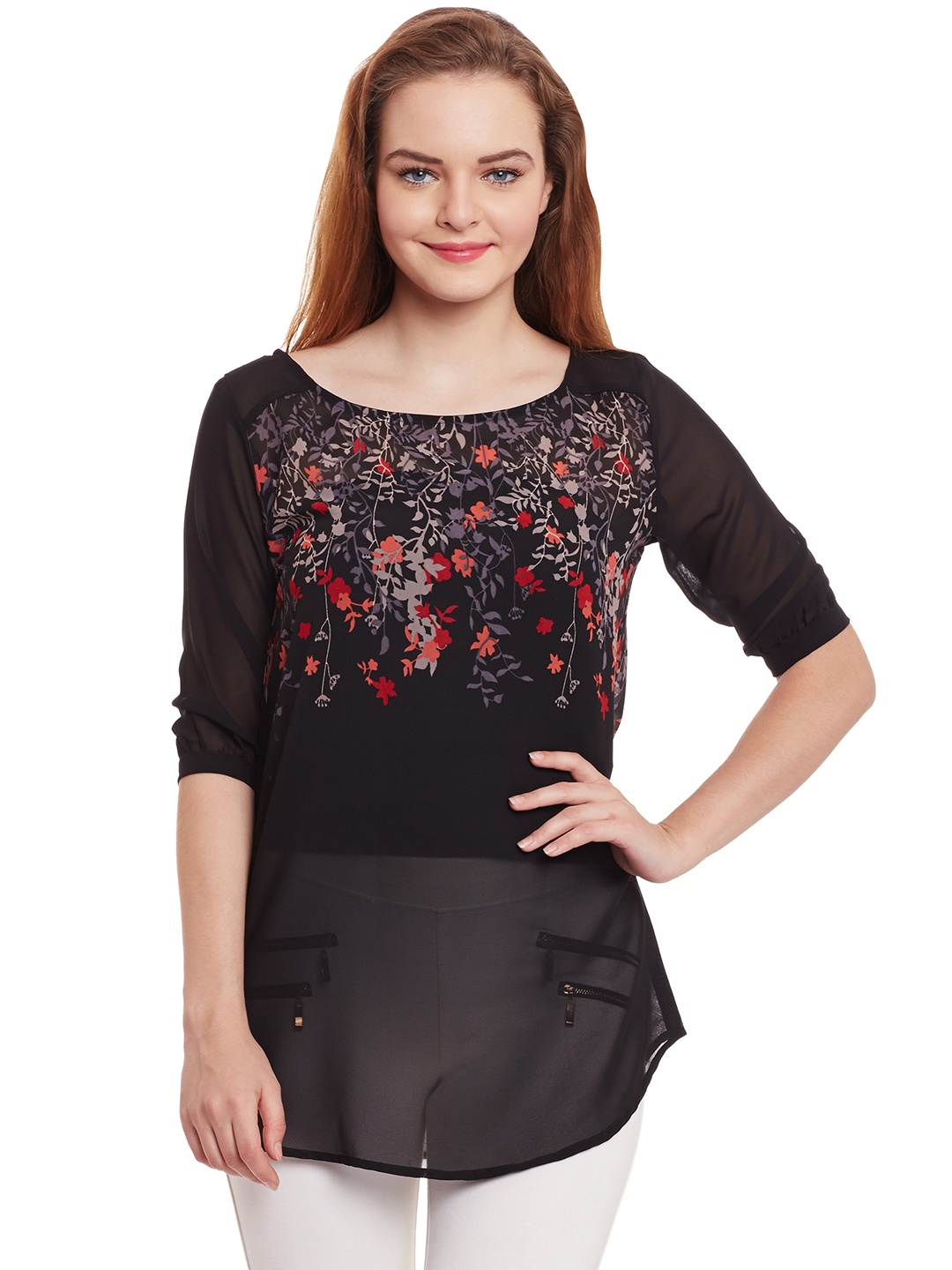 

Ruhaans Women Black Printed Semi-Sheer Top