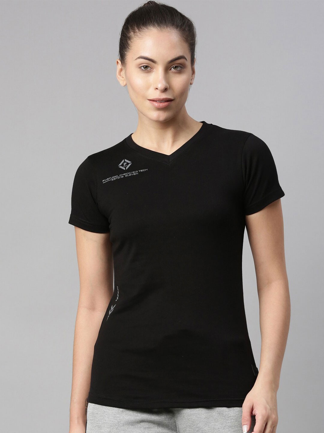 

FILA Women Black V-Neck Organic Cotton T-shirt