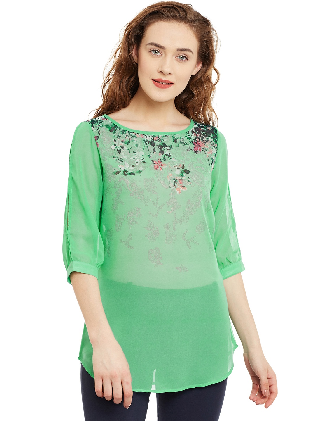 

Ruhaans Women Green Printed Semi-Sheer Top