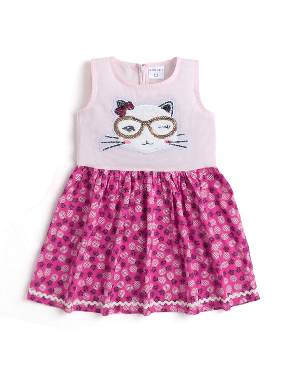 

Hopscotch Girls Pink Printed Applique Cotton A-Line Dress
