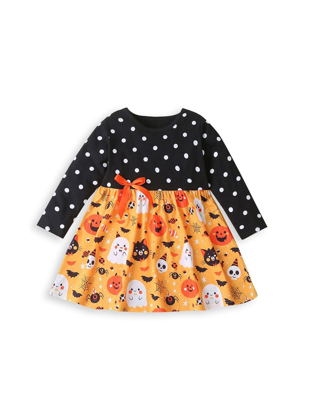 

Hopscotch Girls Black & Orange Printed Cotton Fit & Flare Dress