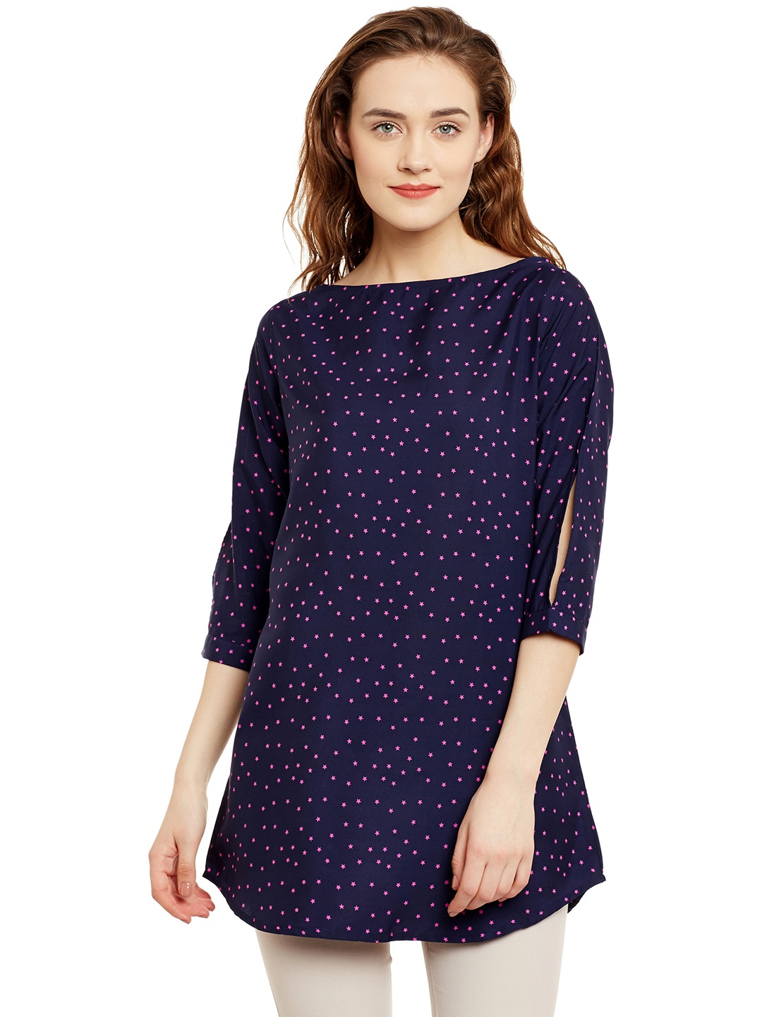 

Ruhaans Navy Star Print Slim Fit A-Line Tunic, Navy blue