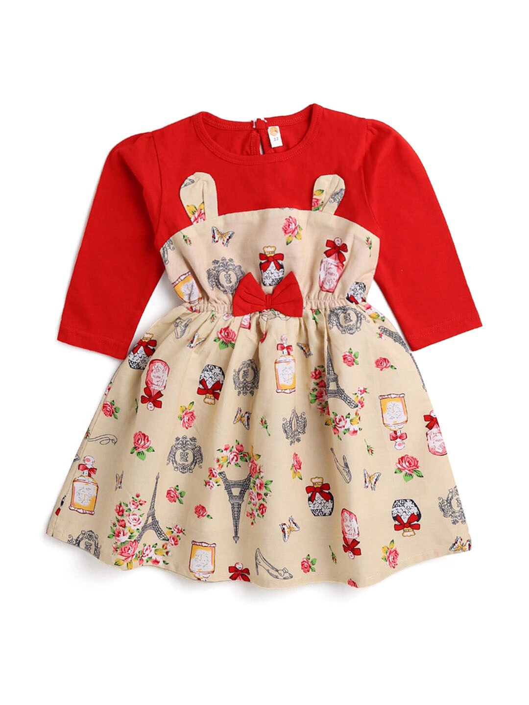 

Hopscotch Girls Beige & Red Printed Cotton Empire Dress