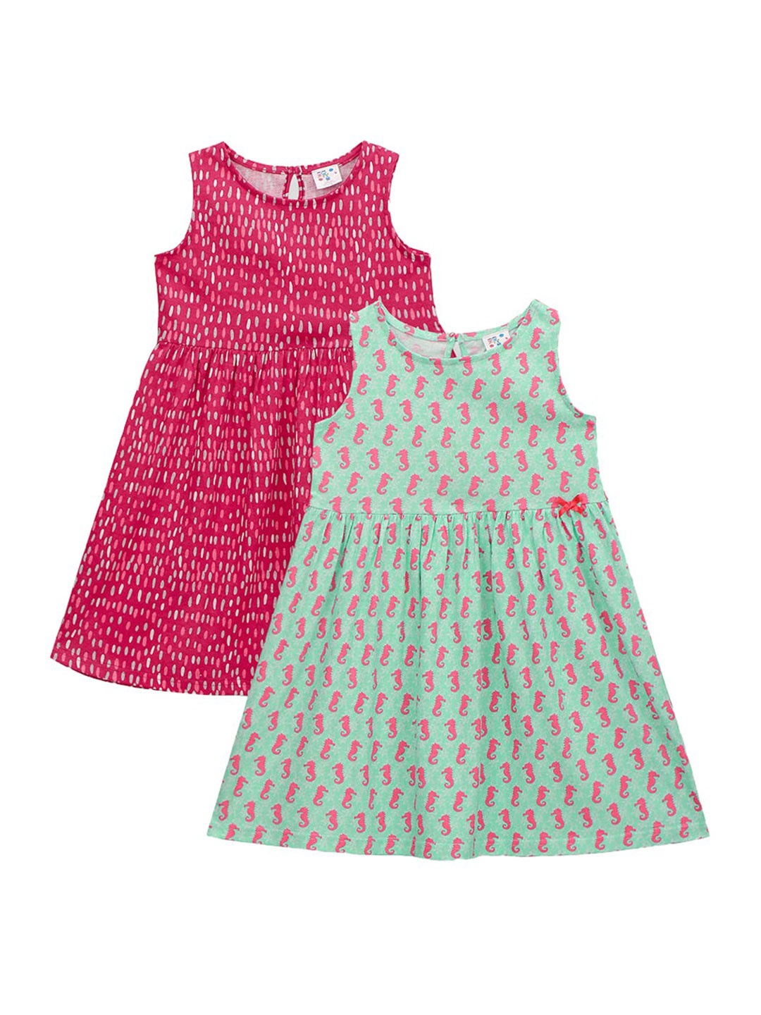 

Hopscotch Pink & Green Pack of 2 Printed Cotton A-Line Dresses