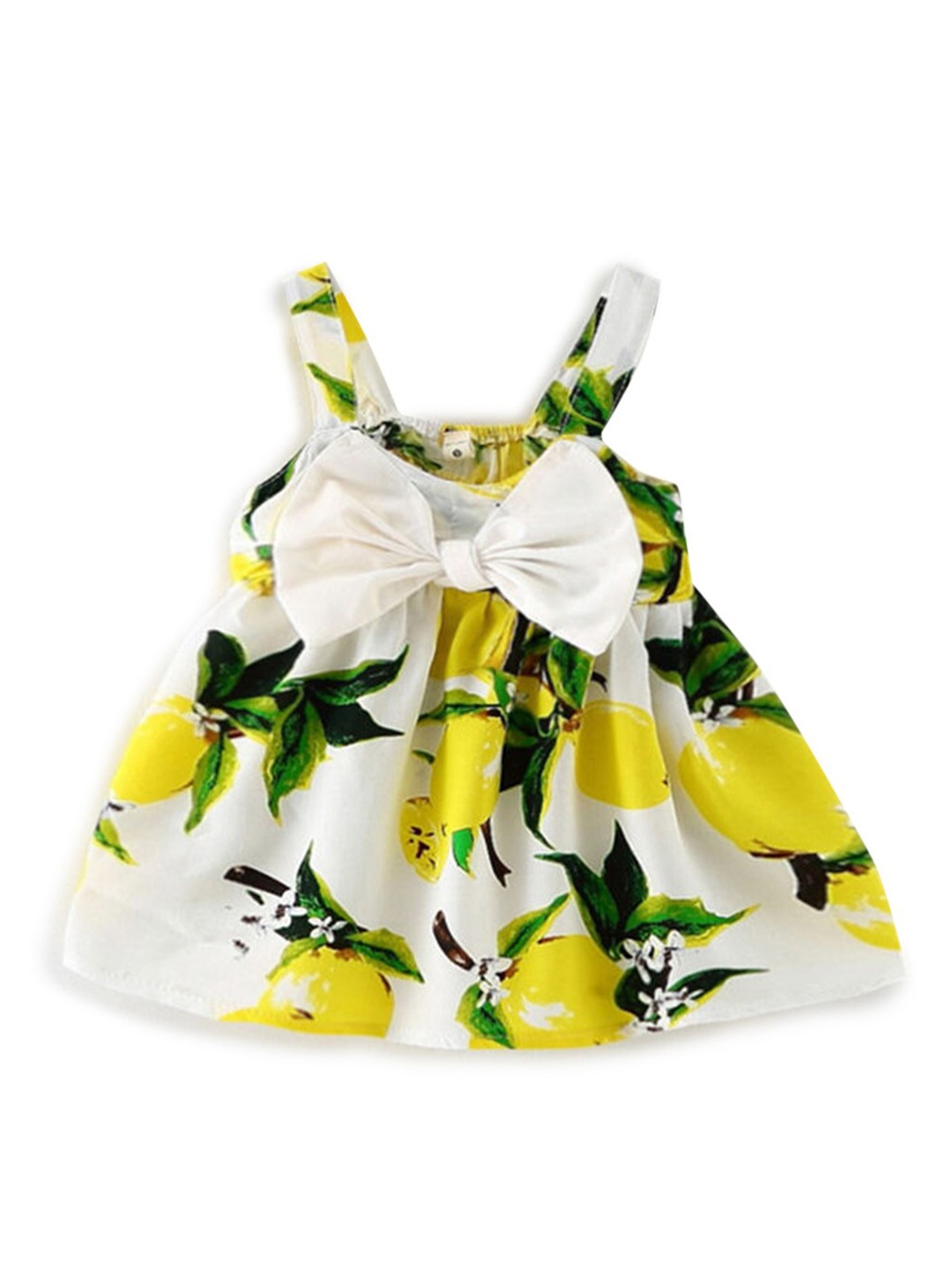 

Hopscotch White & Yellow Floral Printed Sleeveless Bow Dress