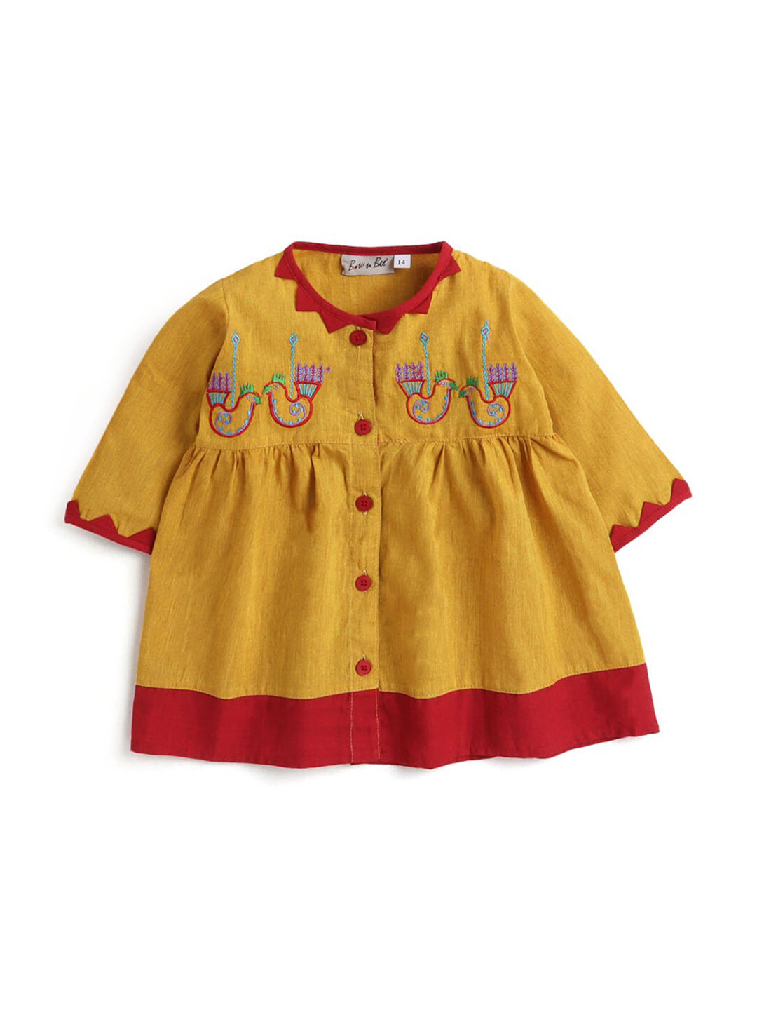 

Hopscotch Girls Yellow Embroidered Shirt Style Cotton Dress