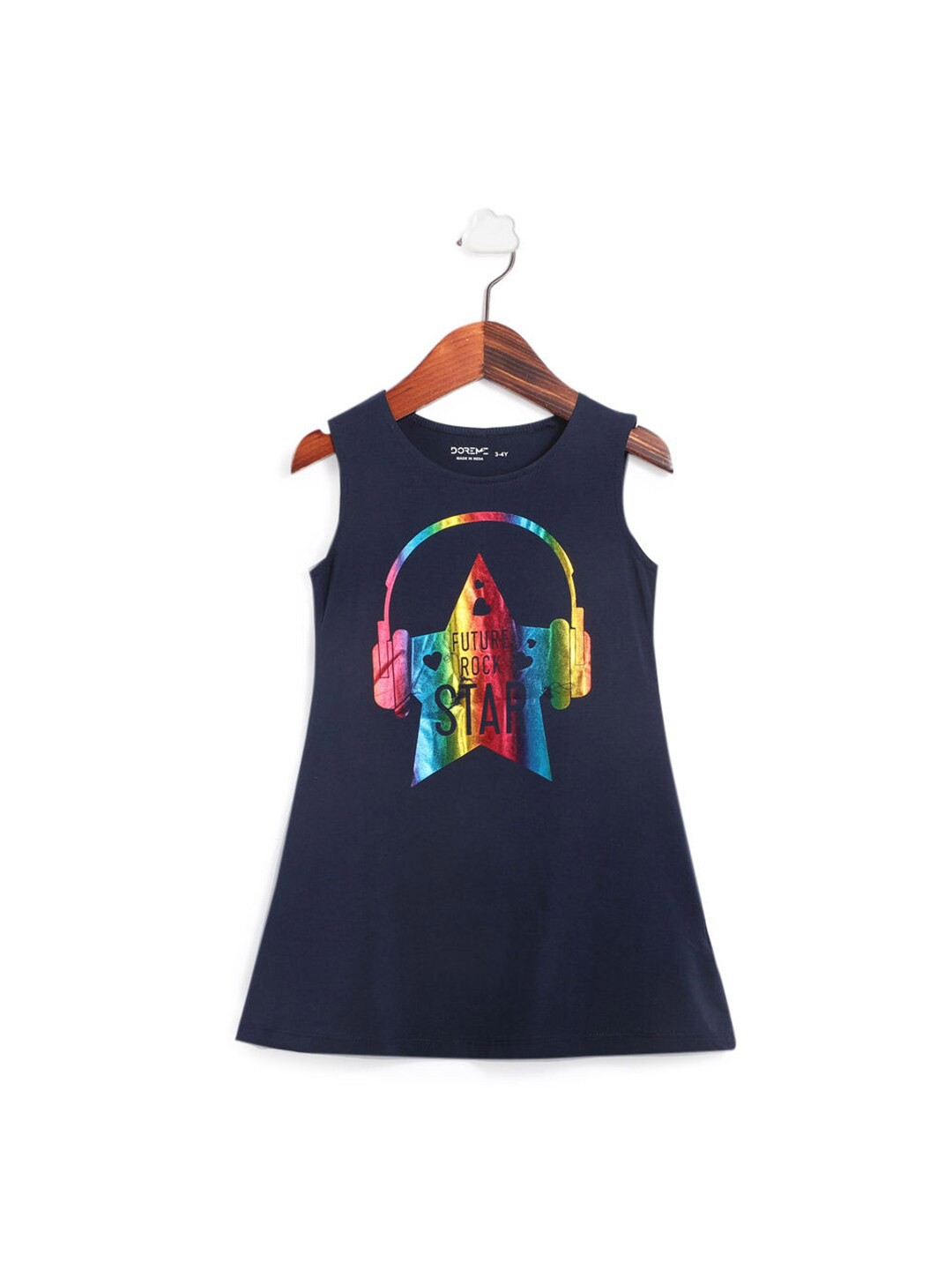 

Hopscotch Navy Blue Printed Sleeveless A-Line Dress