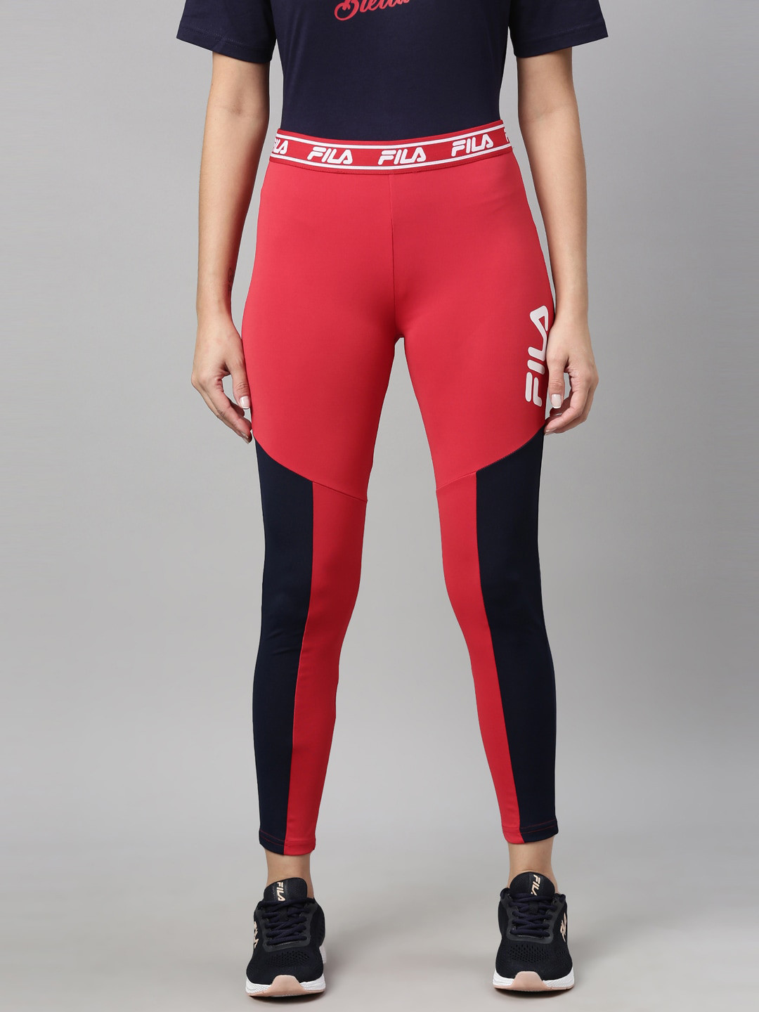 

FILA Women Red & Navy Blue Colorblocked Slim Fit Track Pants