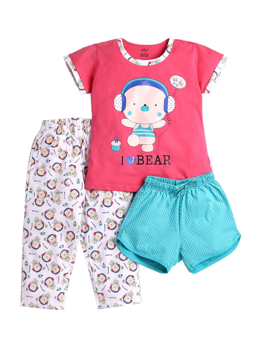 

Hopscotch Girls Pink & Blue 3 Pcs Printed Night suit