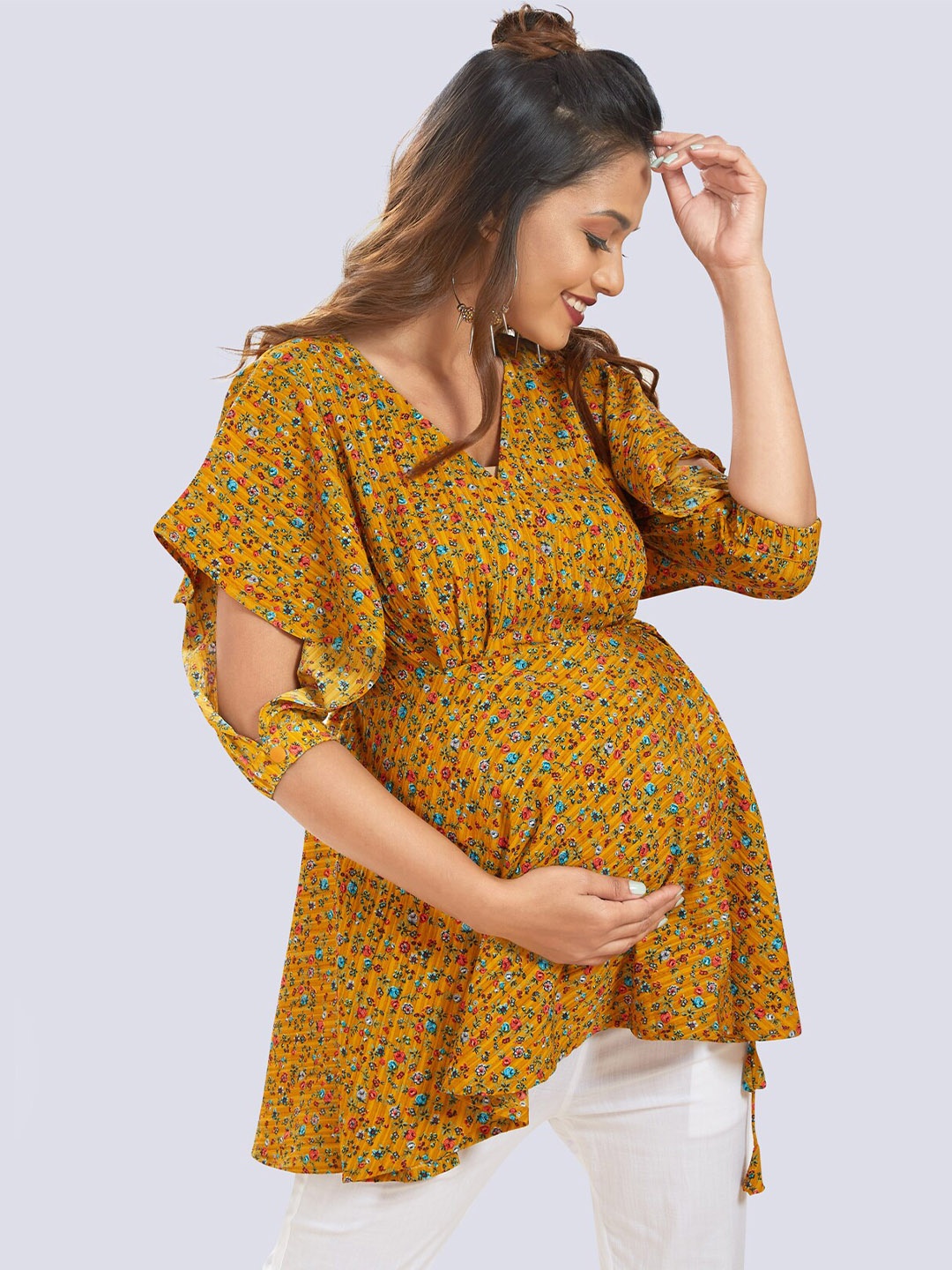 

Mom For Sure by Ketki Dalal Mustard Yellow & Rust Floral Print Crepe Wrap Top