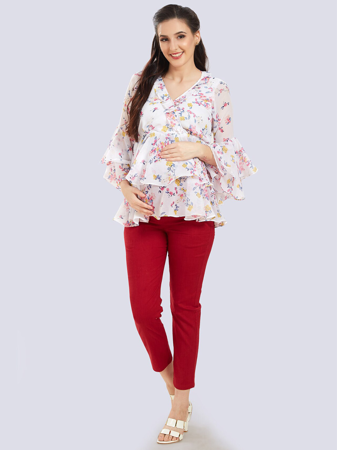 

Mom For Sure by Ketki Dalal Women White Floral Print Layered Georgette Wrap Top