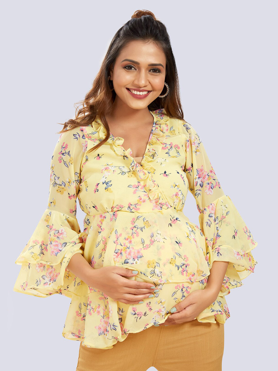 

Mom For Sure by Ketki Dalal Women Yellow Floral Print Nursing Layered Georgette Top