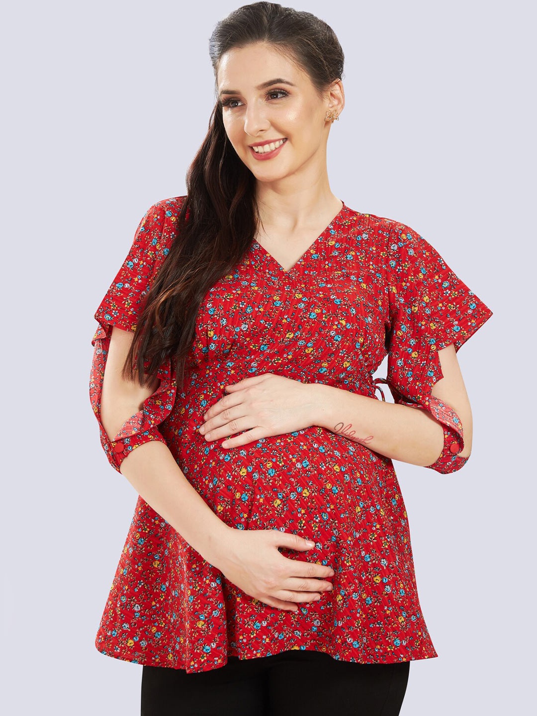 

Mom For Sure by Ketki Dalal Maroon Floral Print Crepe Maternity Wrap Top