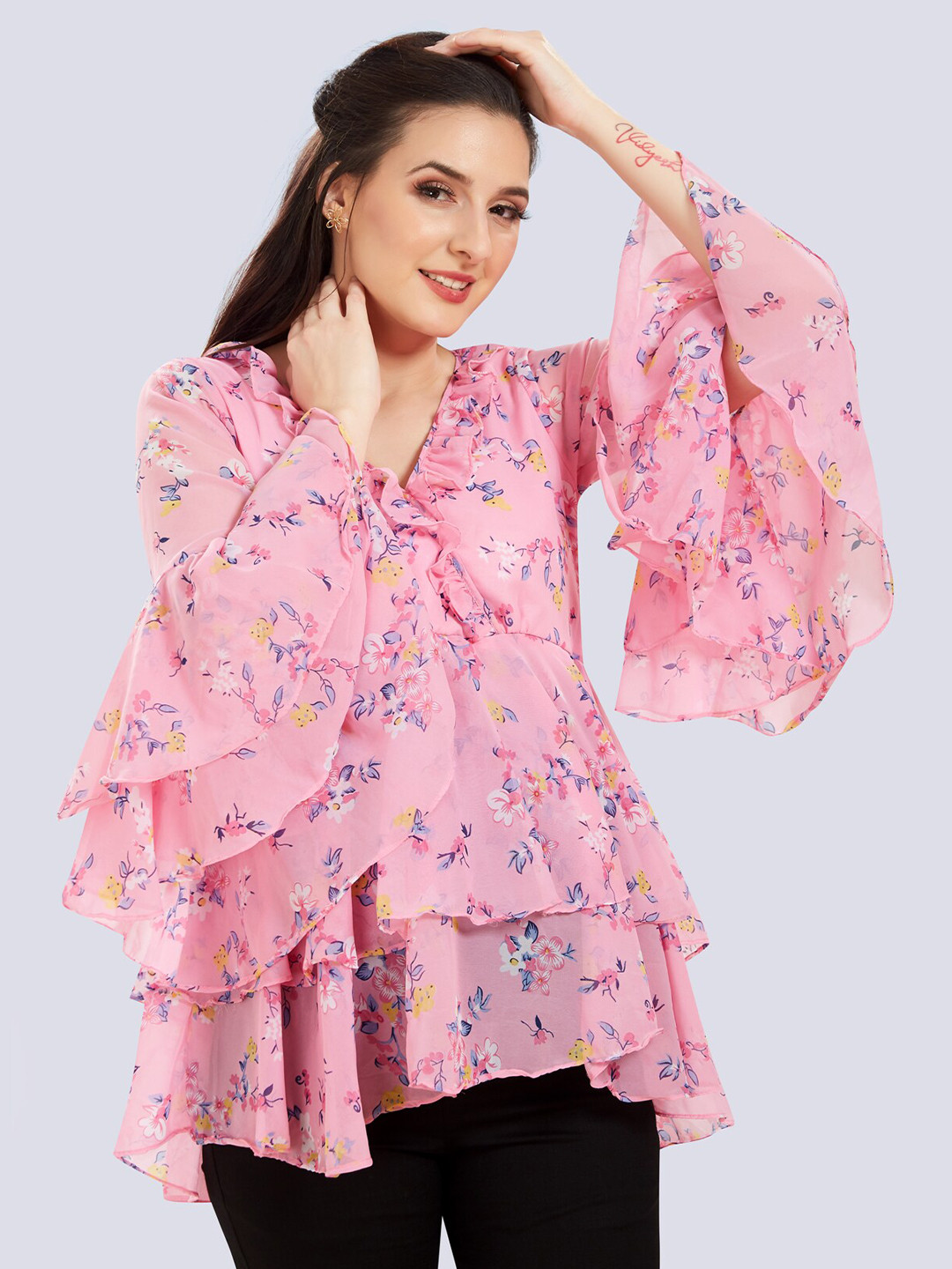 

Mom For Sure by Ketki Dalal Women Pink Floral Print Georgette Empire Maternity Top