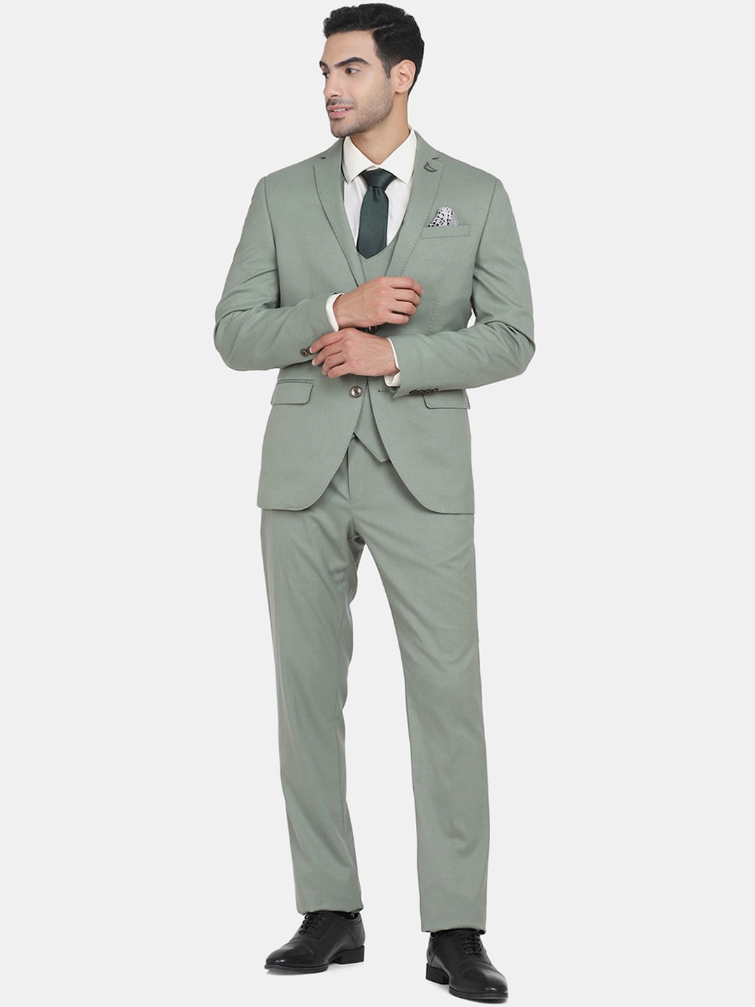 

Blackberrys Men Green Solid Single-Breasted Slim-Fit Three-Piece Suit