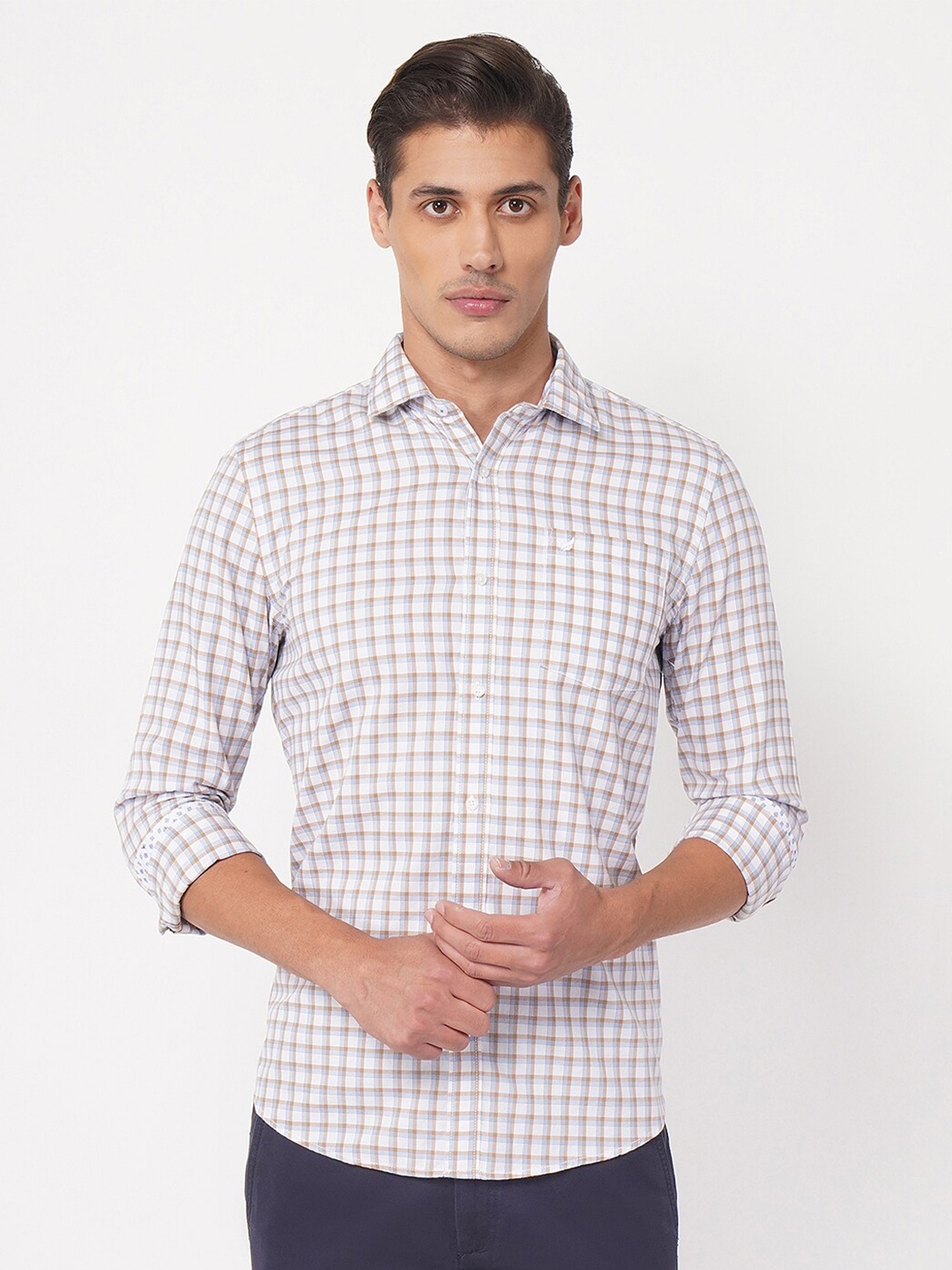 

Blackberrys Men Beige Slim Fit Grid Tattersall Checks Checked Casual Shirt