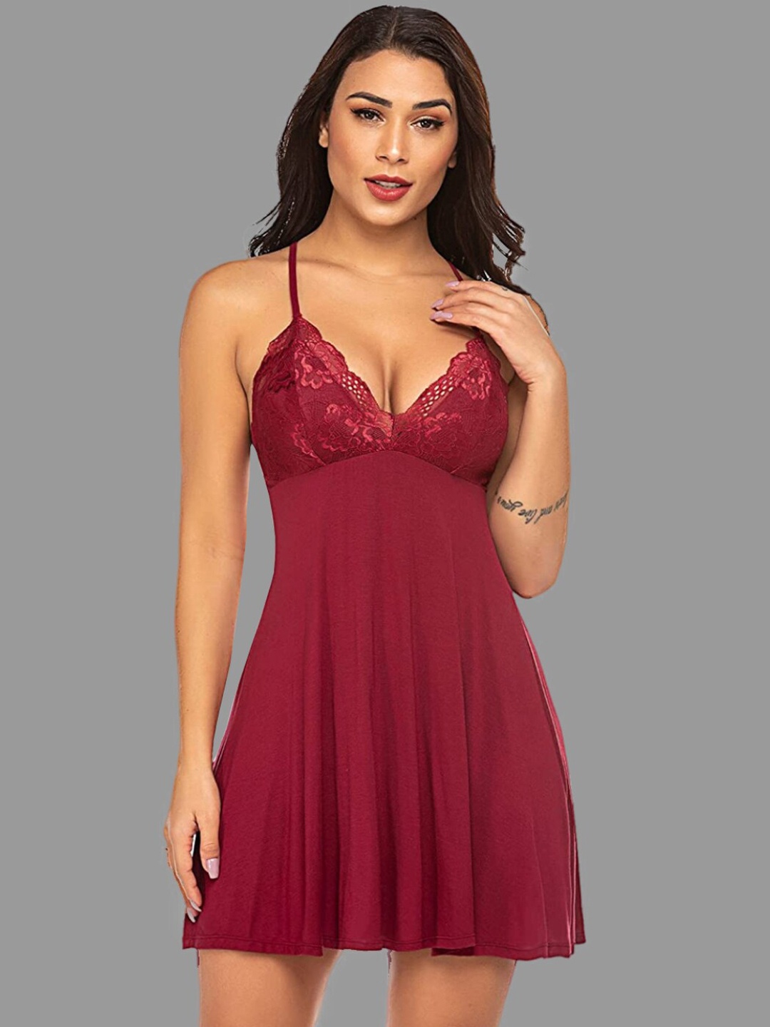 

Herryqeal Maroon Shoulder Strap Neck Baby Doll