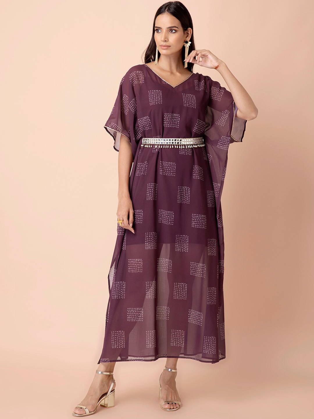 

Rang by Indya Purple Bandhani Printed Kaftan Kurta With Attached Belt