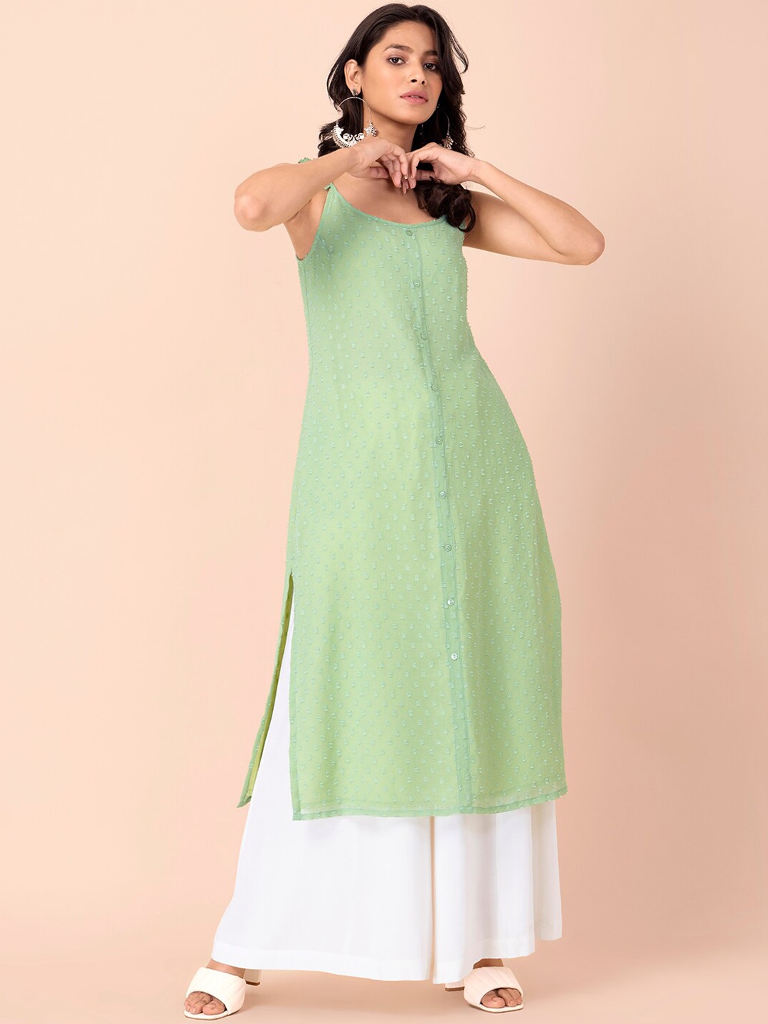 

INDYA Women Green Swiss Dot Strappy A-line Kurta