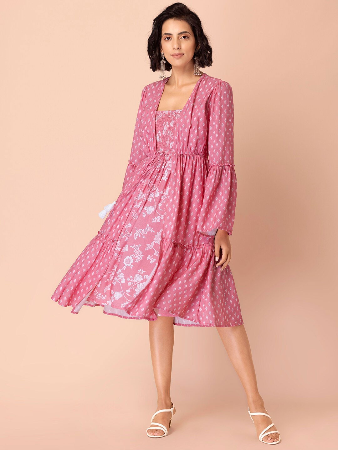 

INDYA Pink Ethnic Motifs Layered Midi Dress