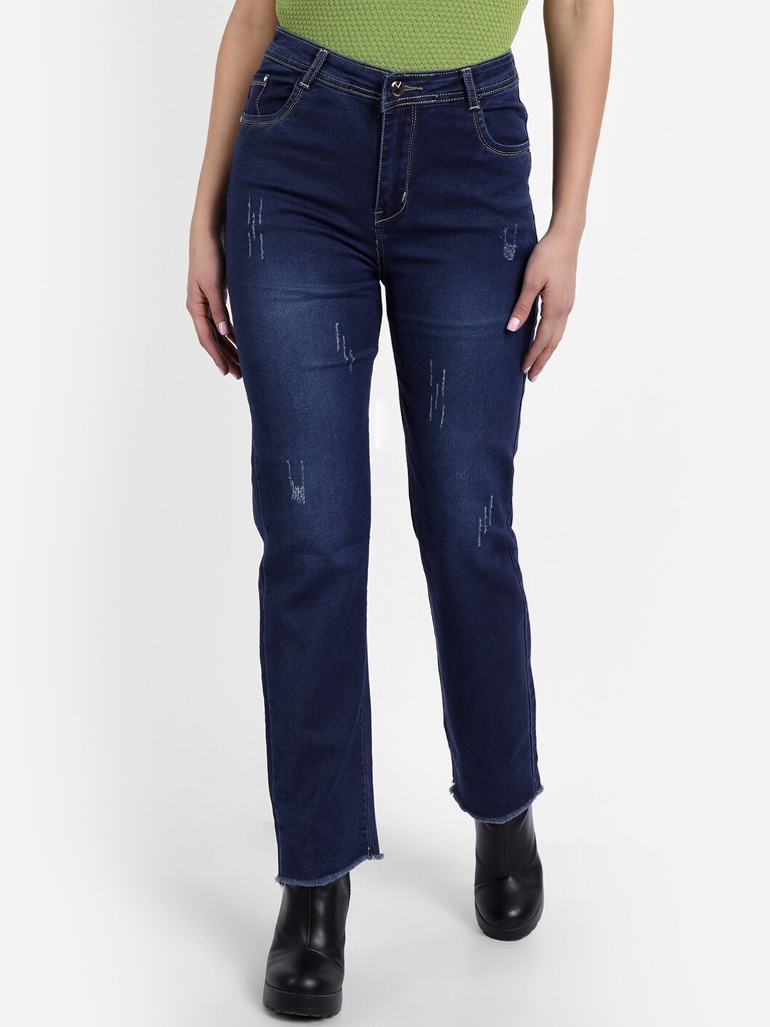 

Next One Women Blue Straight Fit High-Rise Low Distressed Light Fade Stretchable Jeans