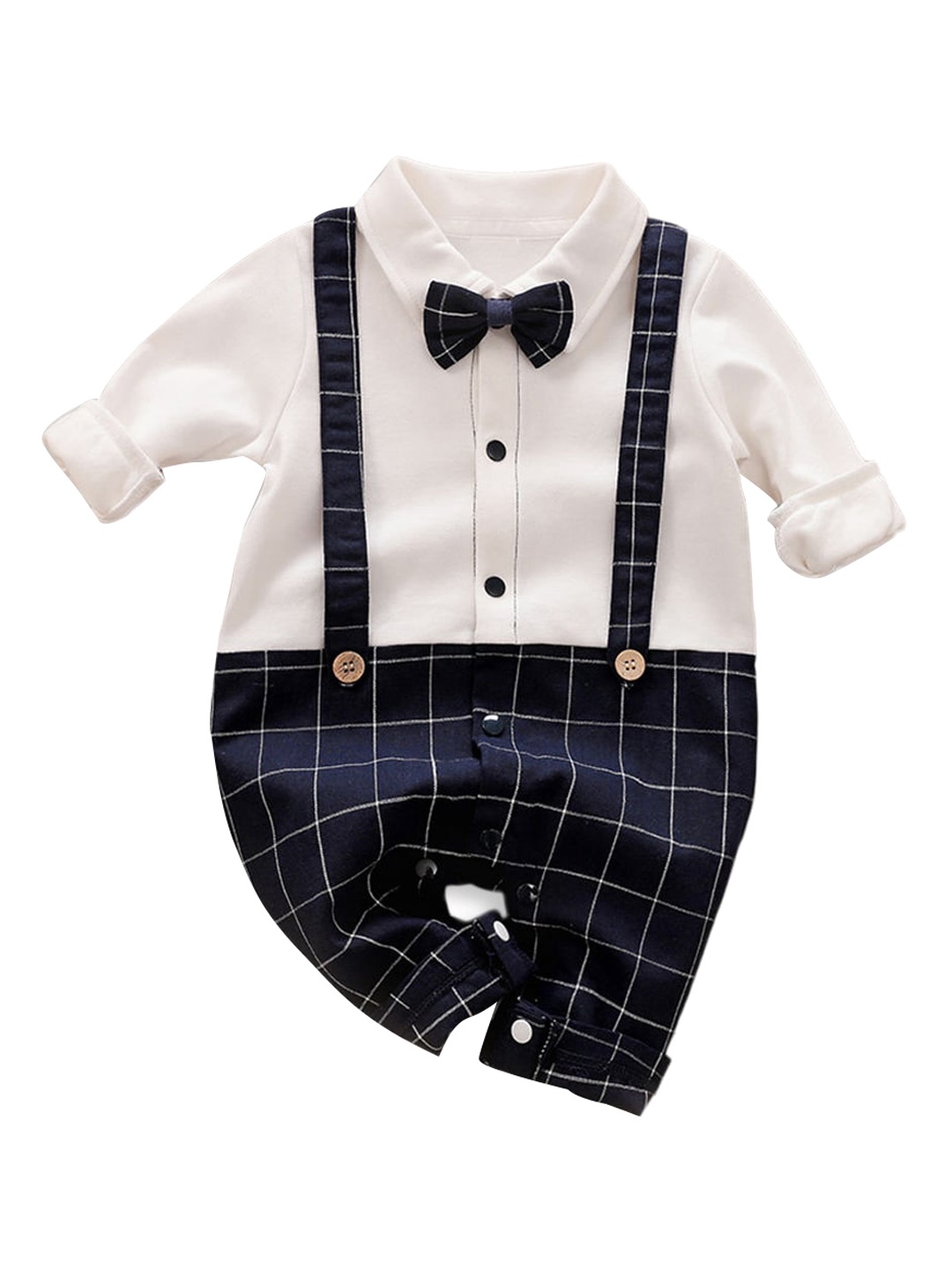 

Hopscotch Infant Boys Navy Blue & White Checked Pure Cotton Rompers