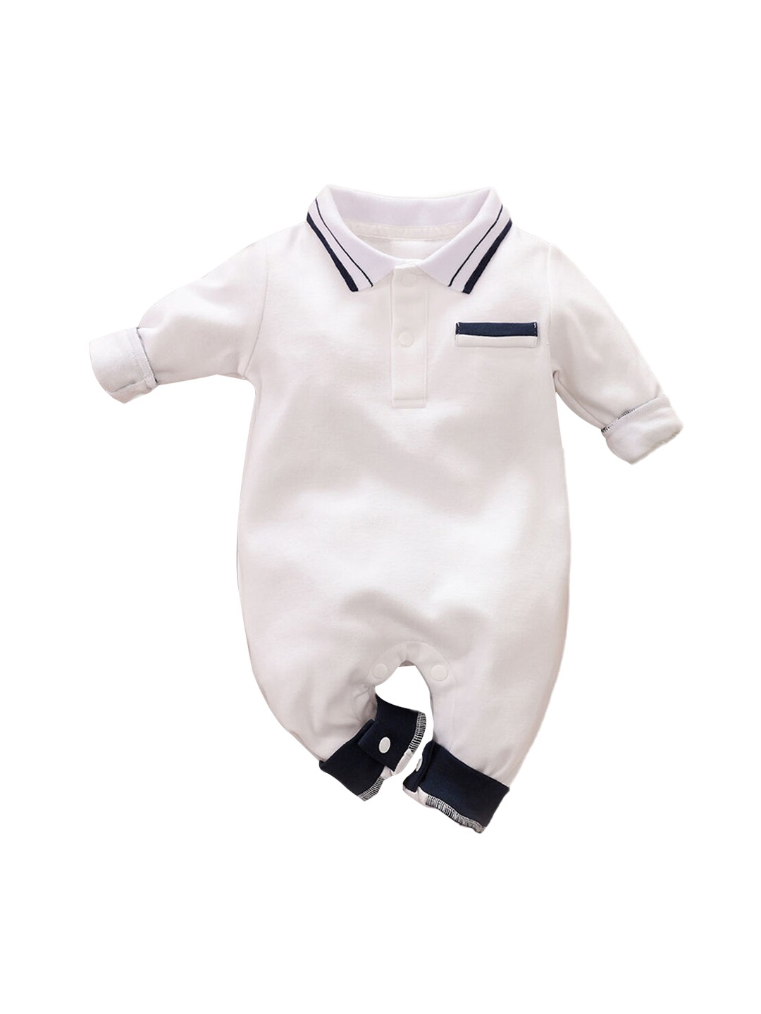 

Hopscotch Infant Boys White & Black Solid Cotton Romper