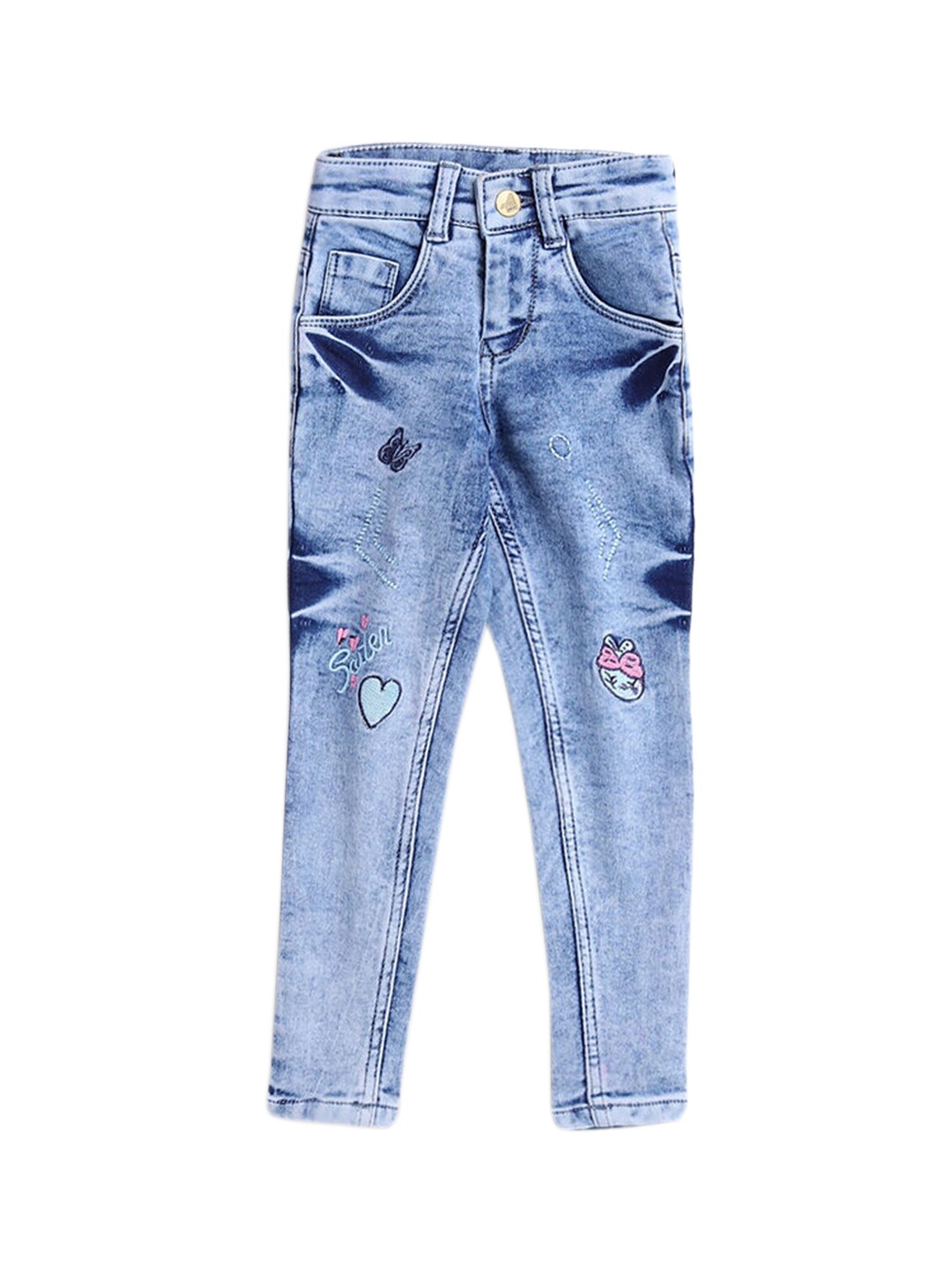 

Hopscotch Girls Blue Relaxed Fit Highly Distressed Heavy Fade Applique Stretchable Jeans