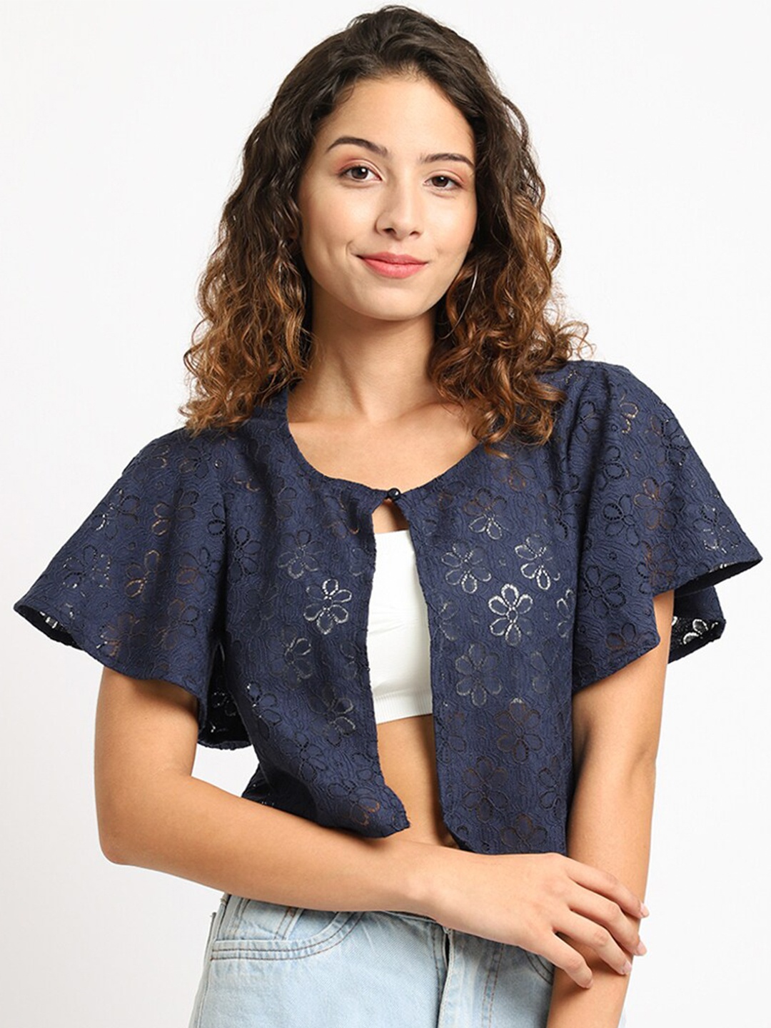 

Rute Women Blue Self Design Cotton Button Shrug