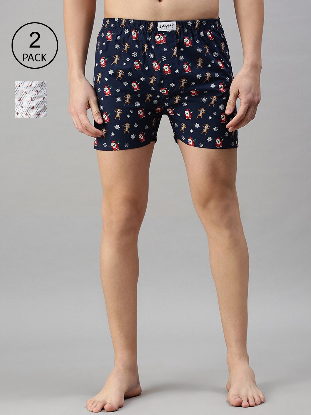 

SHOWOFF Pack Of 2 Men White & Navy Blue Printed Pure Cotton Boxers SB153-SB154_WhiteNavy