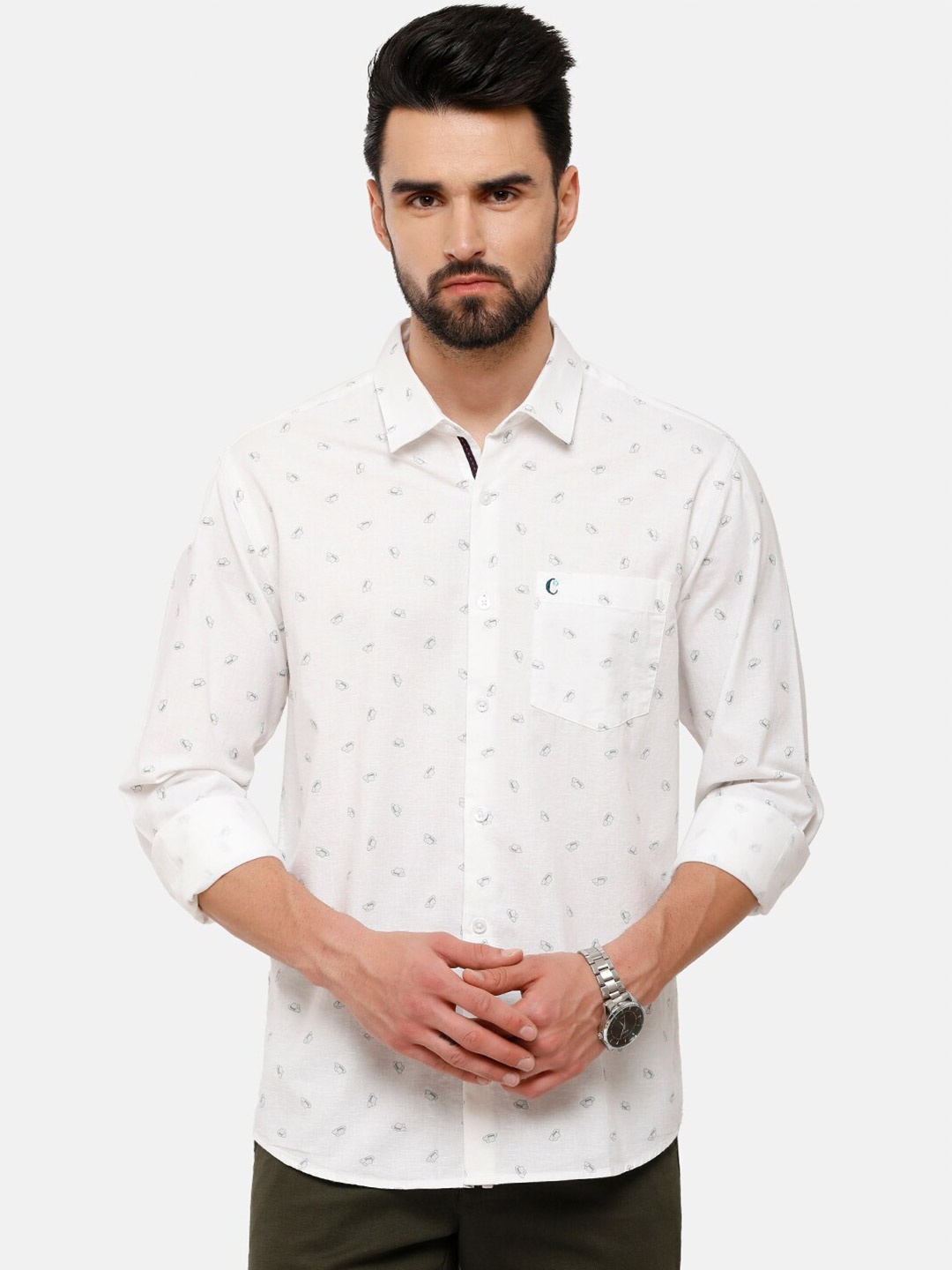 

CAVALLO by Linen Club Men Grey Linen Cotton Printed Casual Shirt
