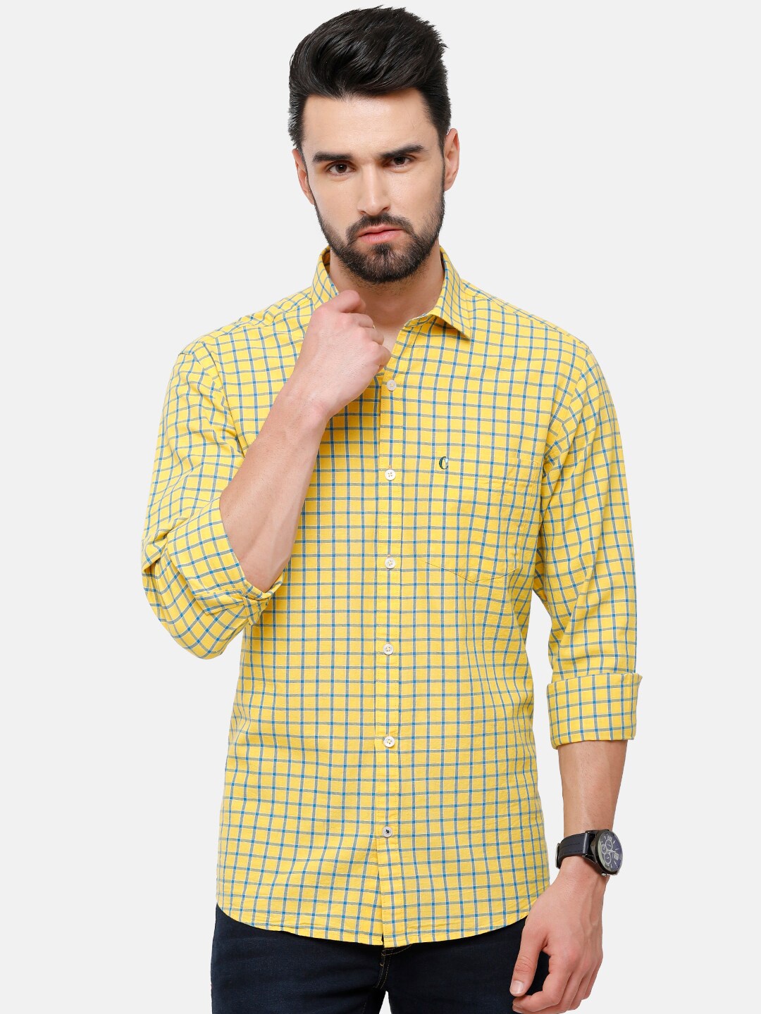 

CAVALLO by Linen Club Men Yellow Grid Tattersall Checks Checked Casual Shirt