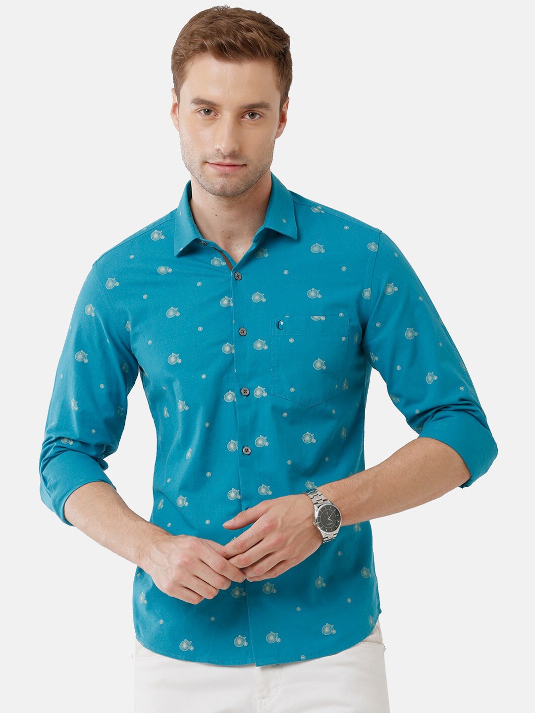 

CAVALLO by Linen Club Men Blue Printed Linen Cotton Casual Shirt