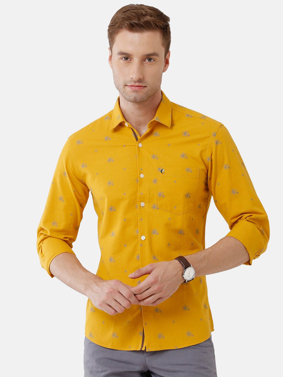 

CAVALLO by Linen Club Men Blue & Yellow Regular Fit Printed Cotton-Linen Casual Shirt