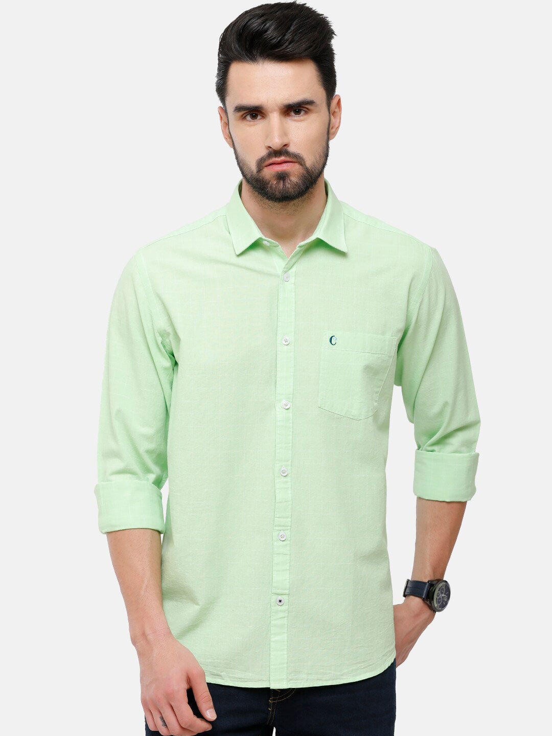 

CAVALLO by Linen Club Men Green Checked Linen Cotton Casual Shirt