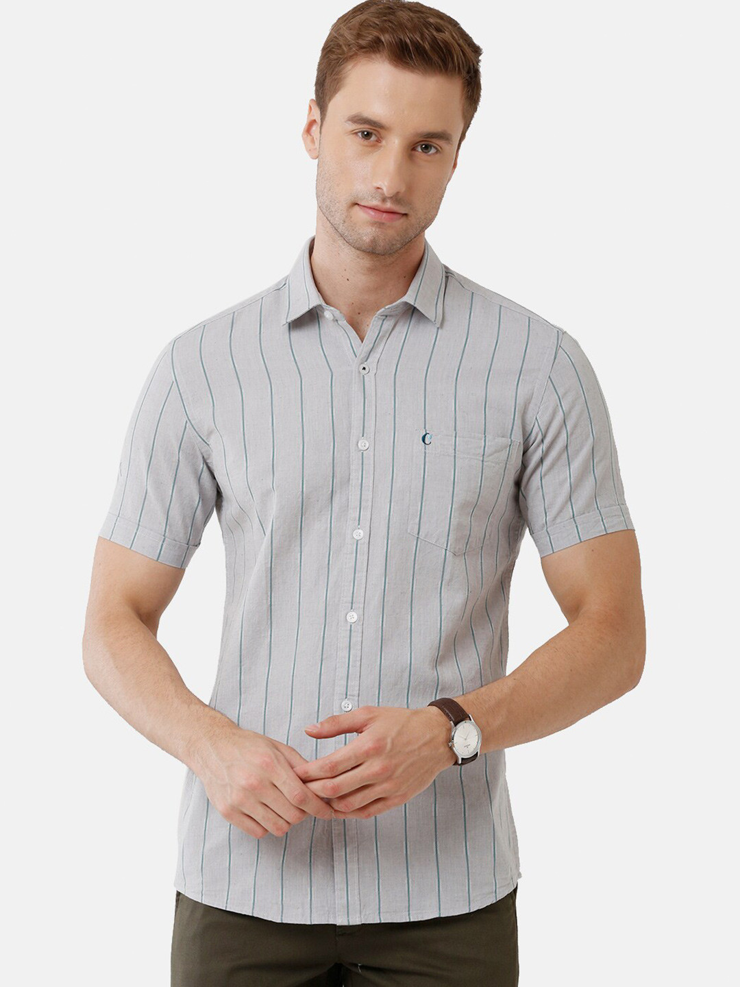 

CAVALLO by Linen Club Men Grey Striped Linen Cotton Casual Shirt