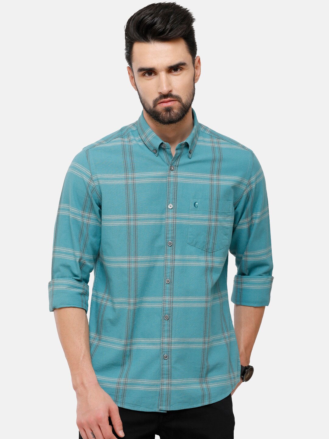 

CAVALLO by Linen Club Men Turquoise Blue Checked Casual Shirt