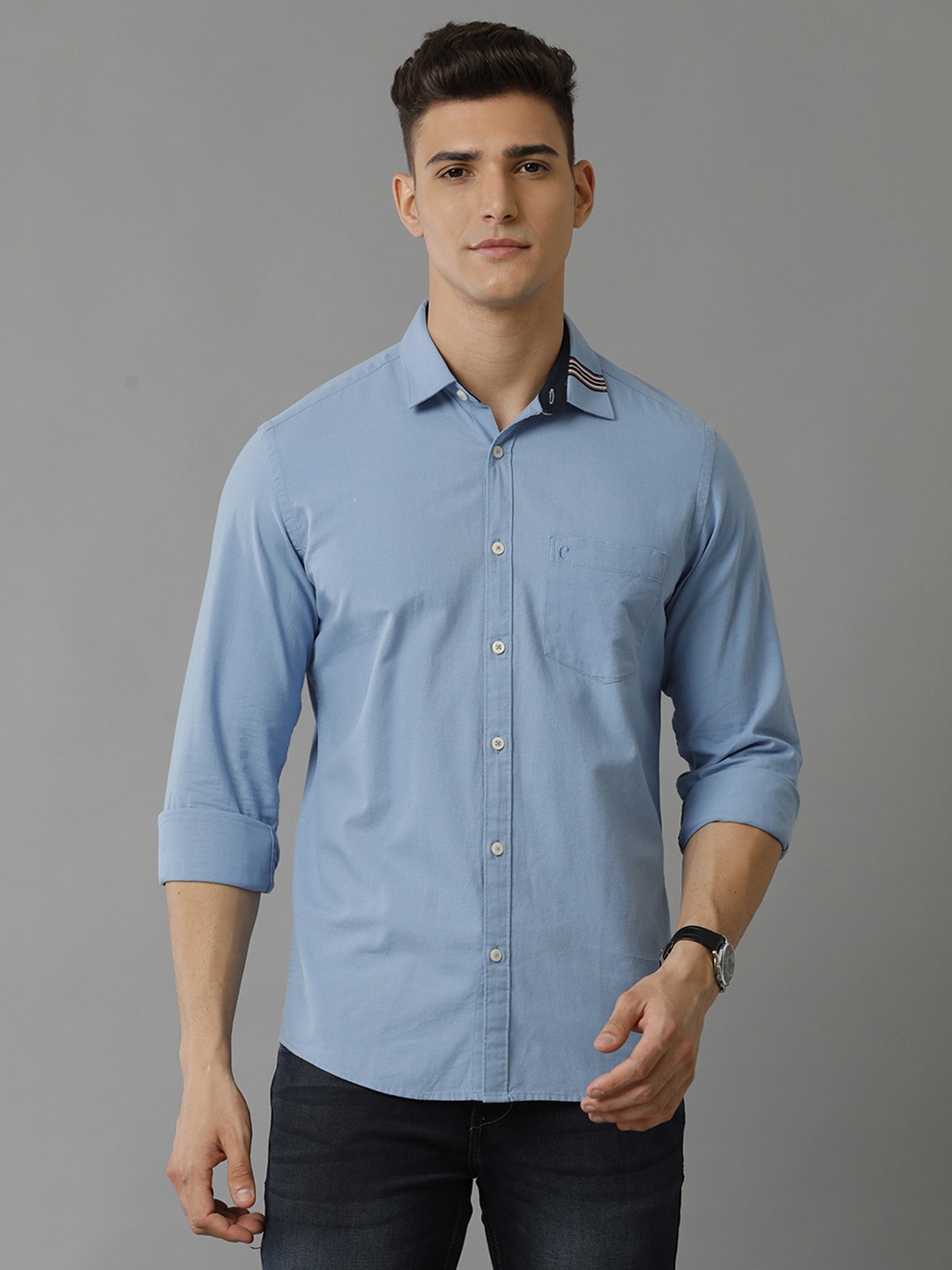 

CAVALLO by Linen Club Men Blue Solid Linen Cotton Casual Shirt