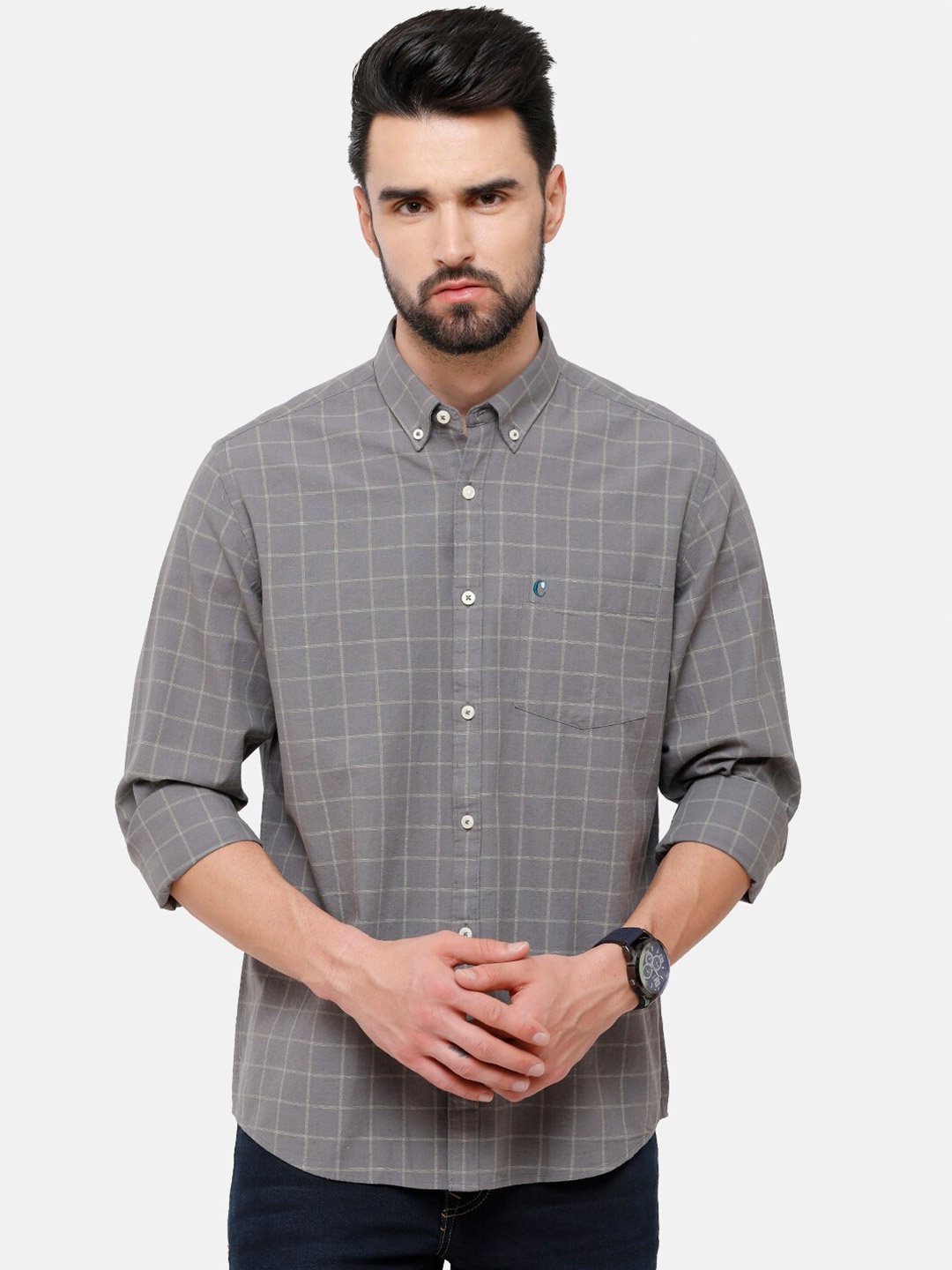 

CAVALLO by Linen Club Men Grey Windowpane Checked Regular Fit Linen Cotton Casual Shirt