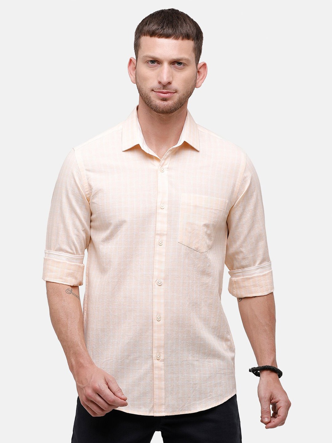 

CAVALLO by Linen Club Men Peach-Coloured Checked Linen Cotton Casual Shirt