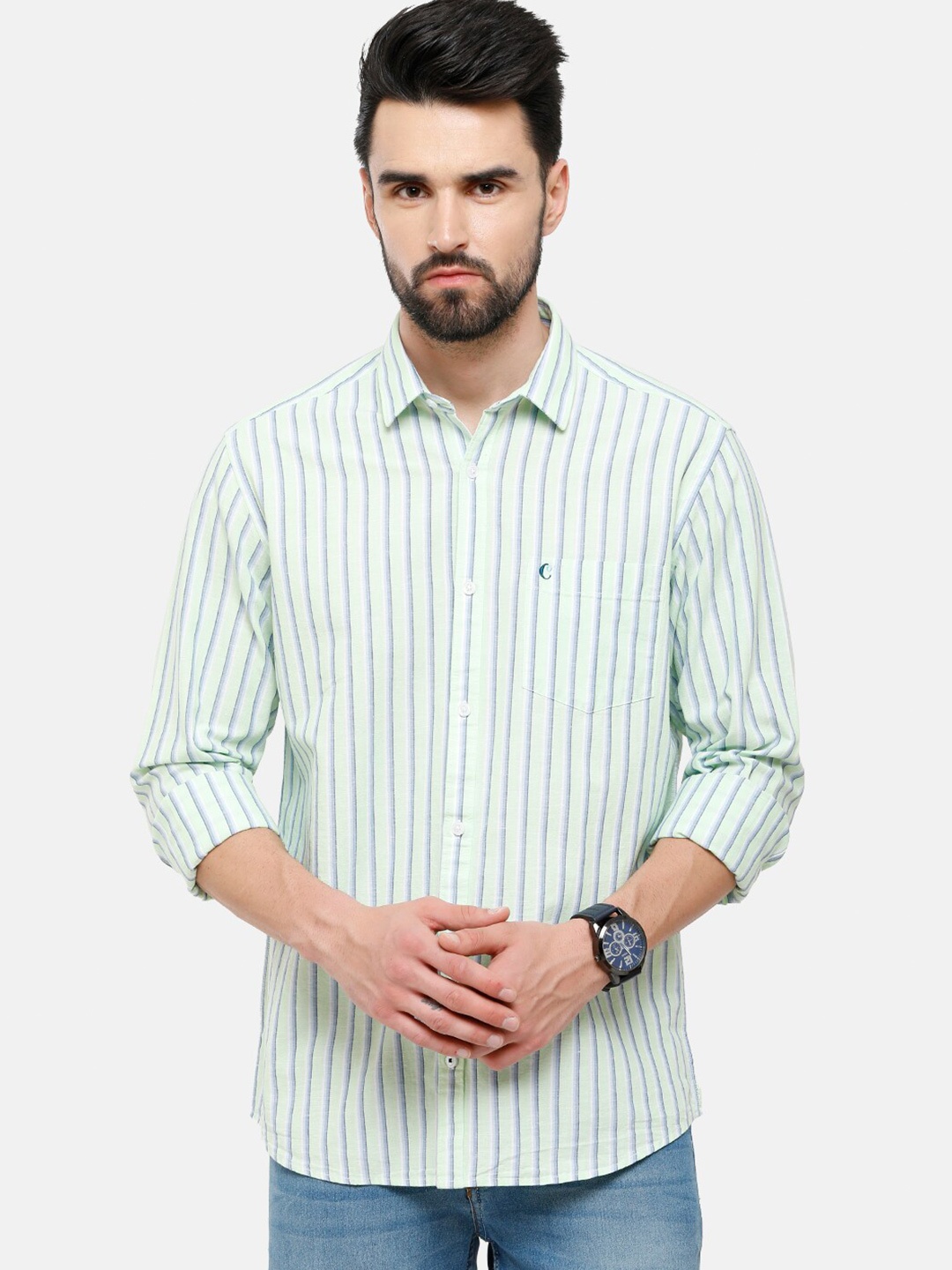 

CAVALLO by Linen Club Men Green Striped Linen Cotton Casual Shirt