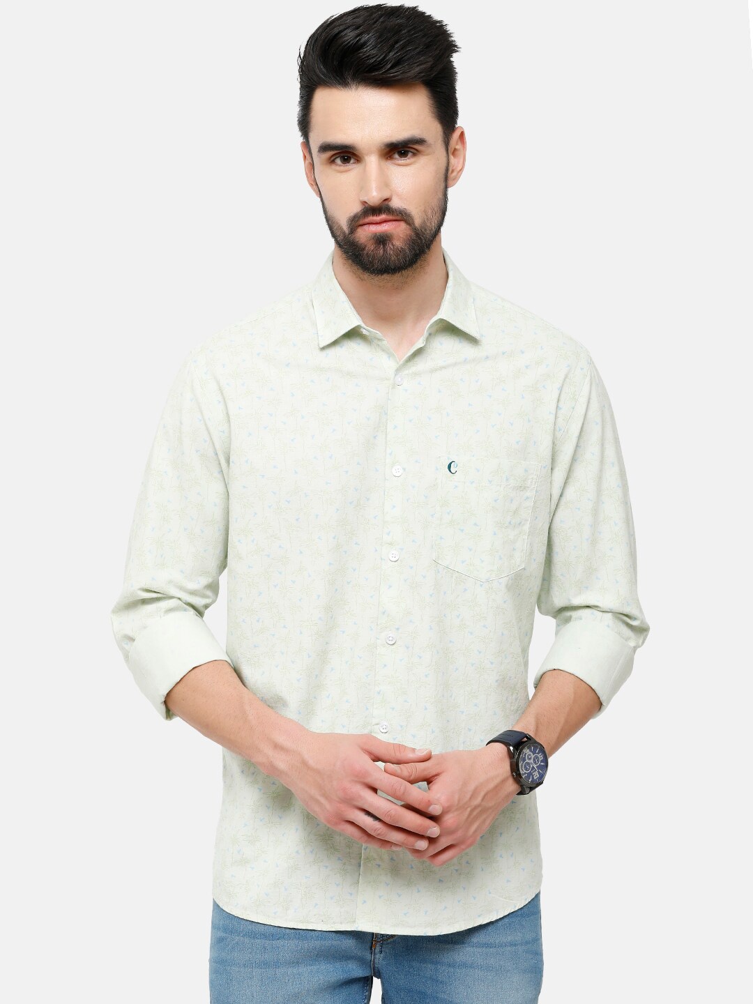 

CAVALLO by Linen Club Men Green Printed Linen Cotton Casual Shirt