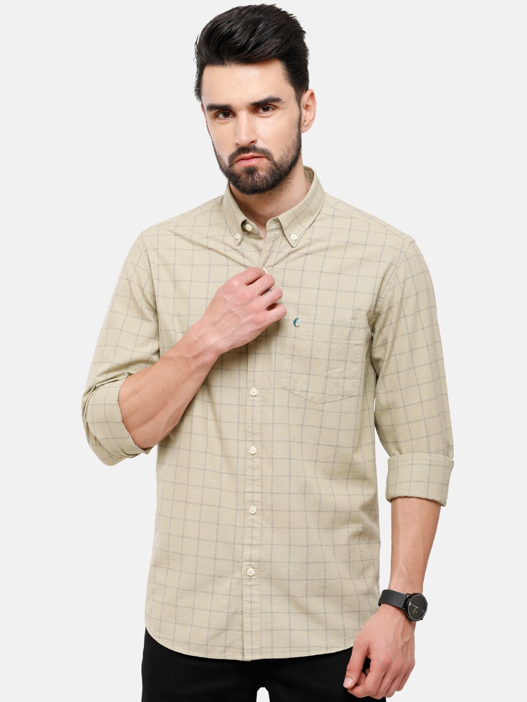 

CAVALLO by Linen Club Men Beige Checked Linen Cotton Casual Shirt