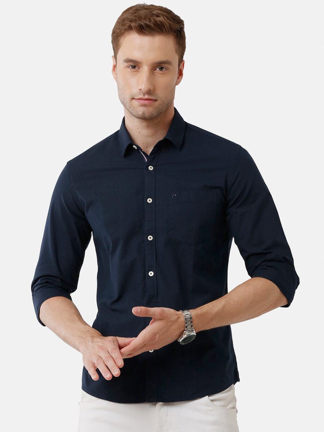 

CAVALLO by Linen Club Men Navy Blue Linen Cotton Casual Shirt