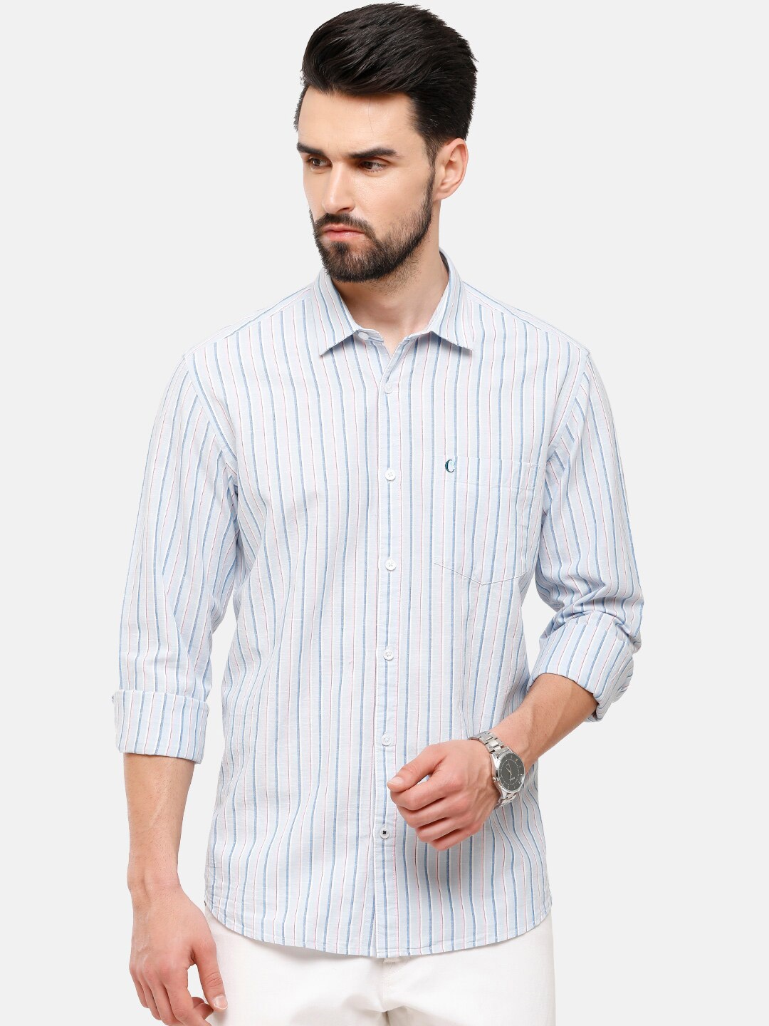 

CAVALLO by Linen Club Men Blue Striped Linen Cotton Casual Shirt