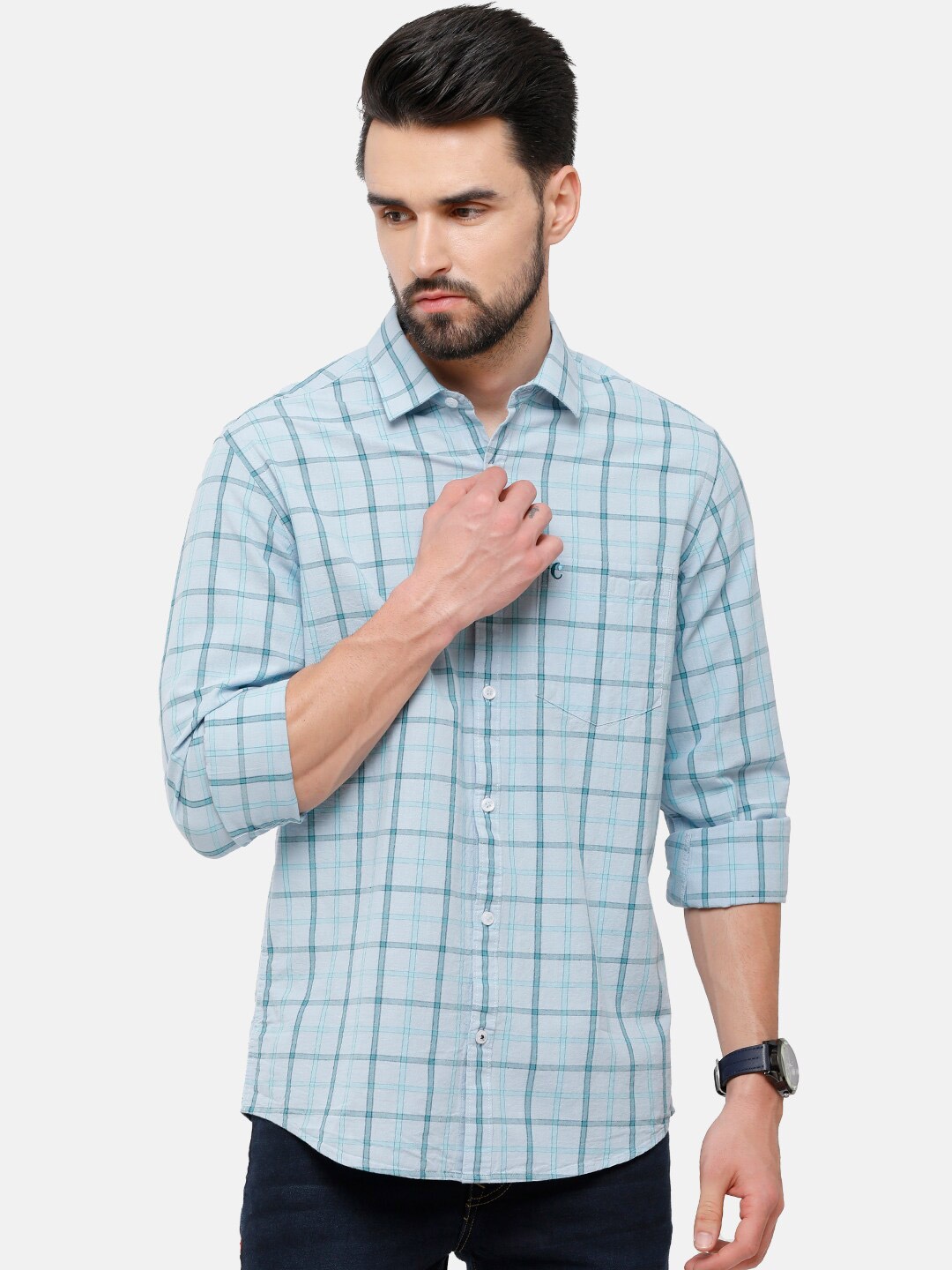 

CAVALLO by Linen Club Men Blue Tartan Checked Cotton-Linen Casual Shirt