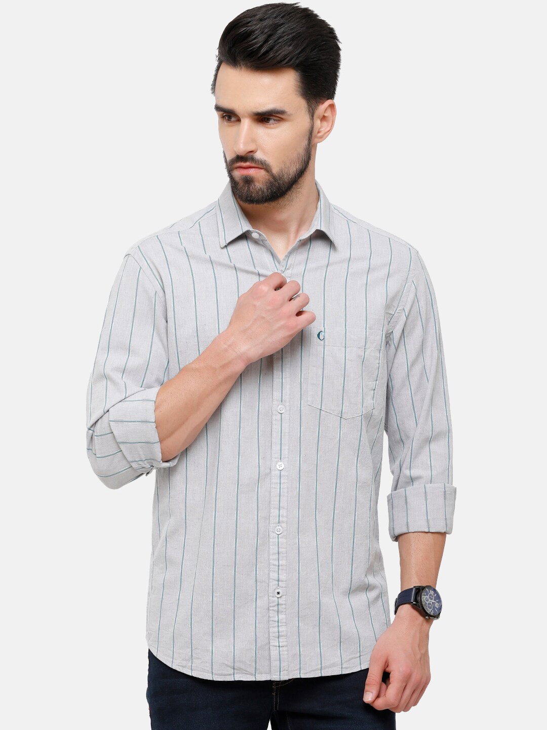 

CAVALLO by Linen Club Men Grey Striped Casual Shirt